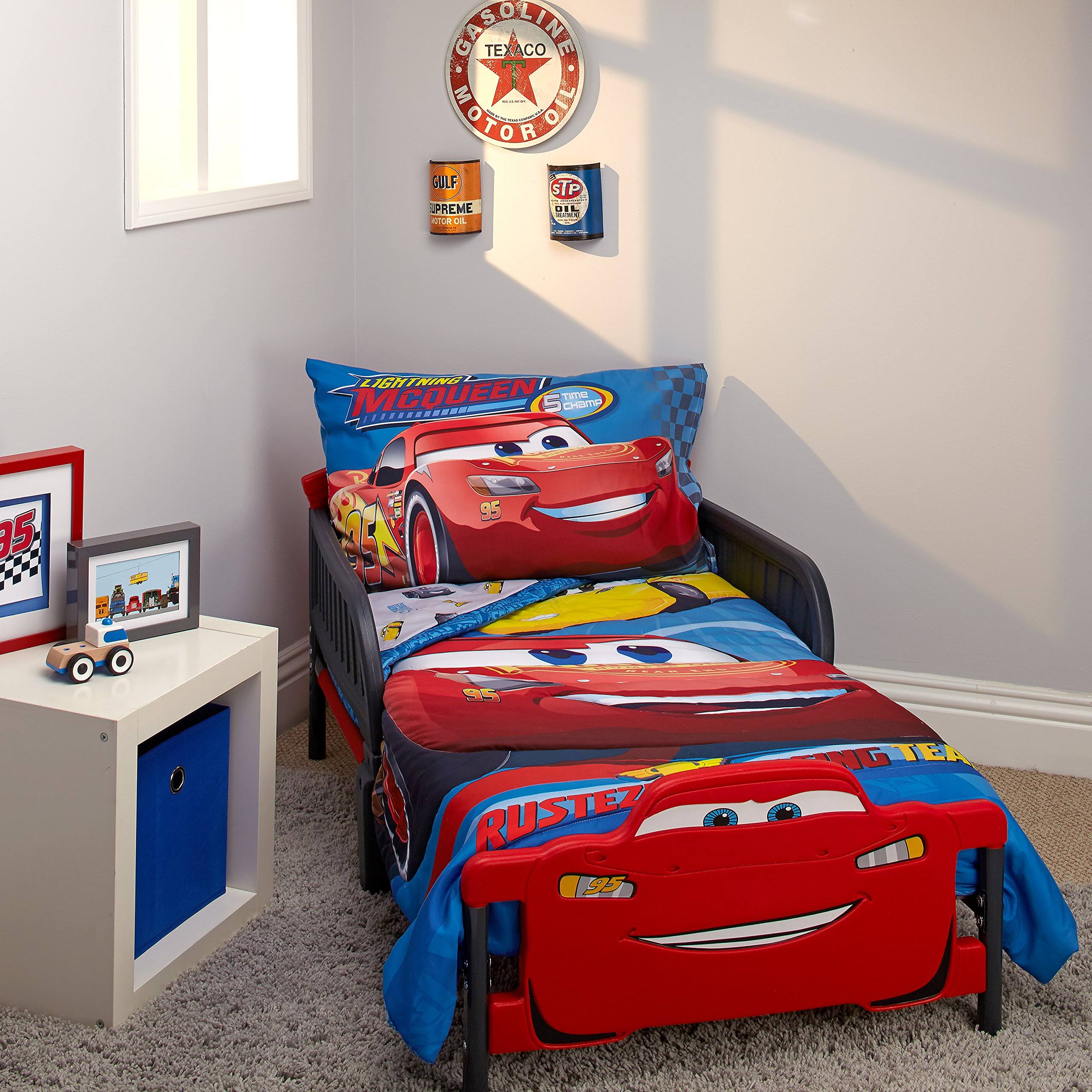 Disney Cars Rusteze Racing Team 4 Piece Toddler Bedding Set Blue Red Yellow White