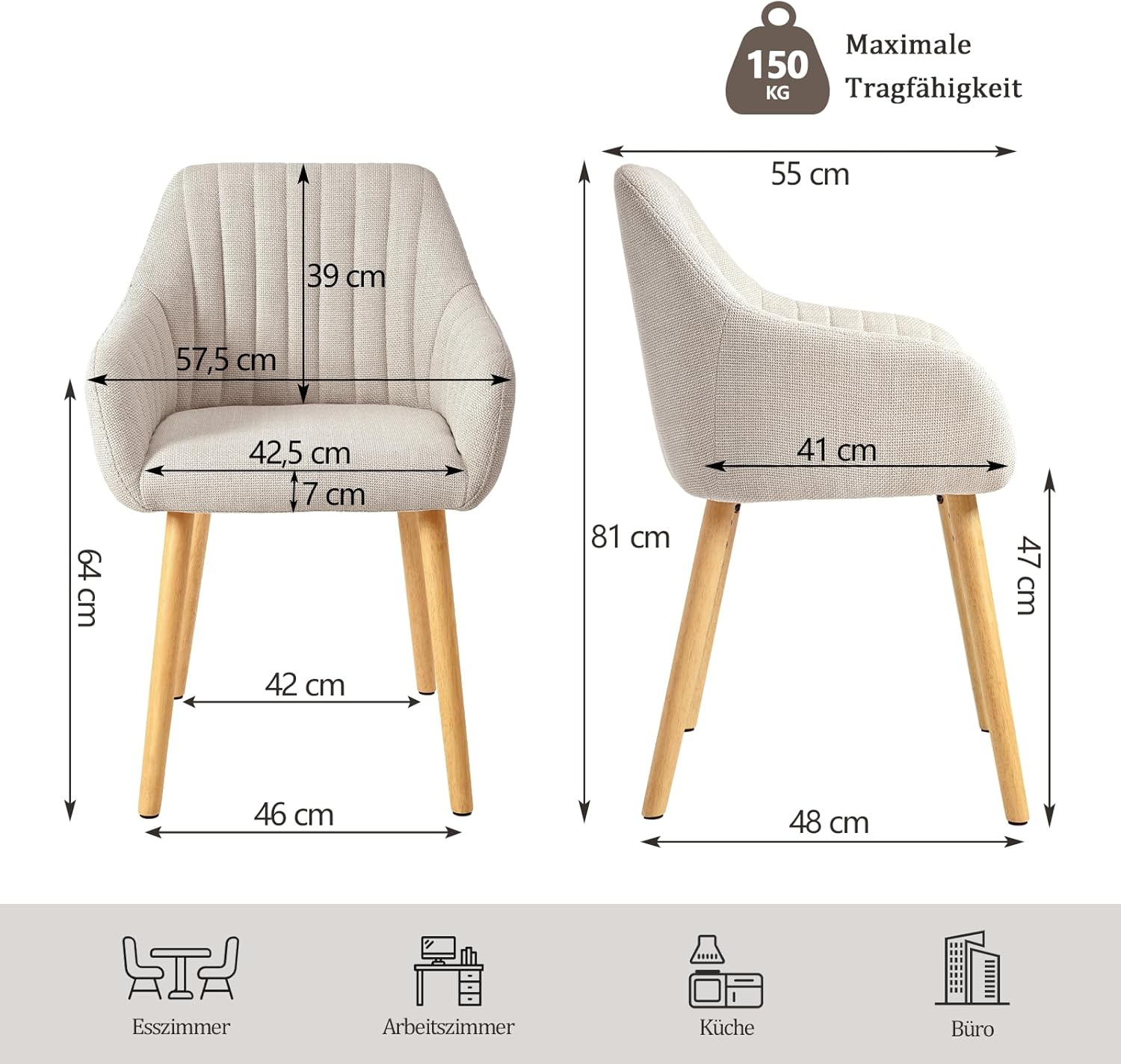 Lot 4 chaises salle à manger beige accoudoirs rembourrées polyester pieds bois salon cuisine bureau