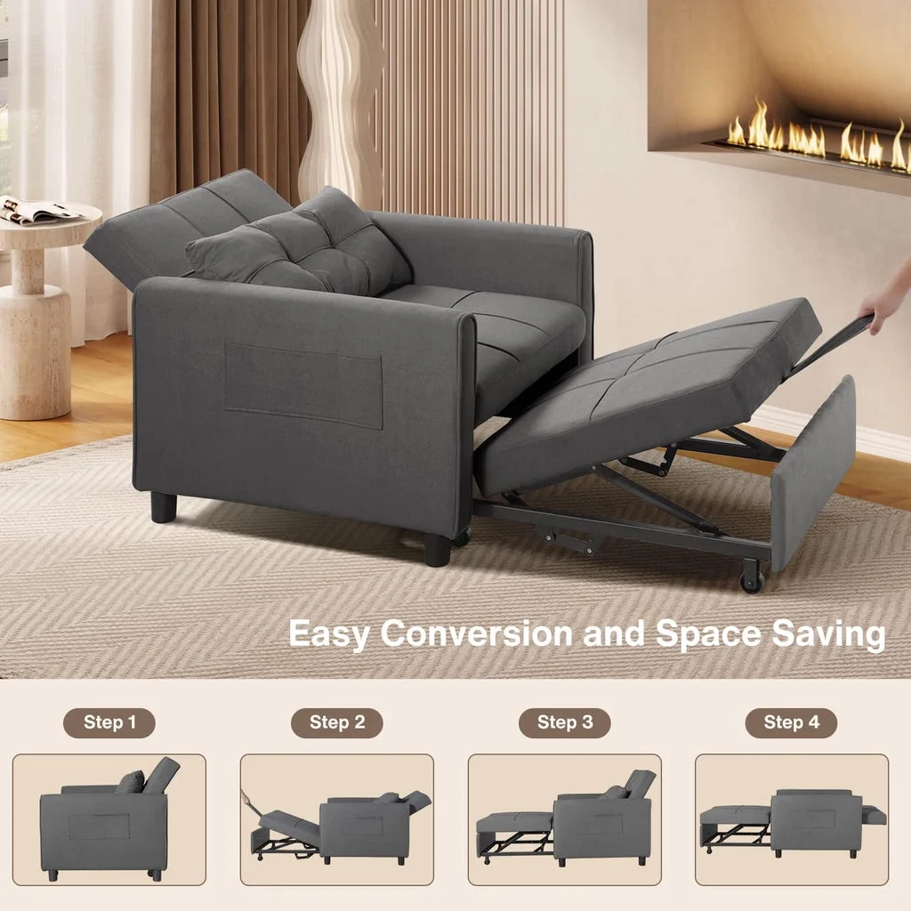 Convertible Sleeper Chair, Aiho 3 - in - 1 Convertible Sofa Bed Recliner Chair with Pull Out Couch - Dark Gray