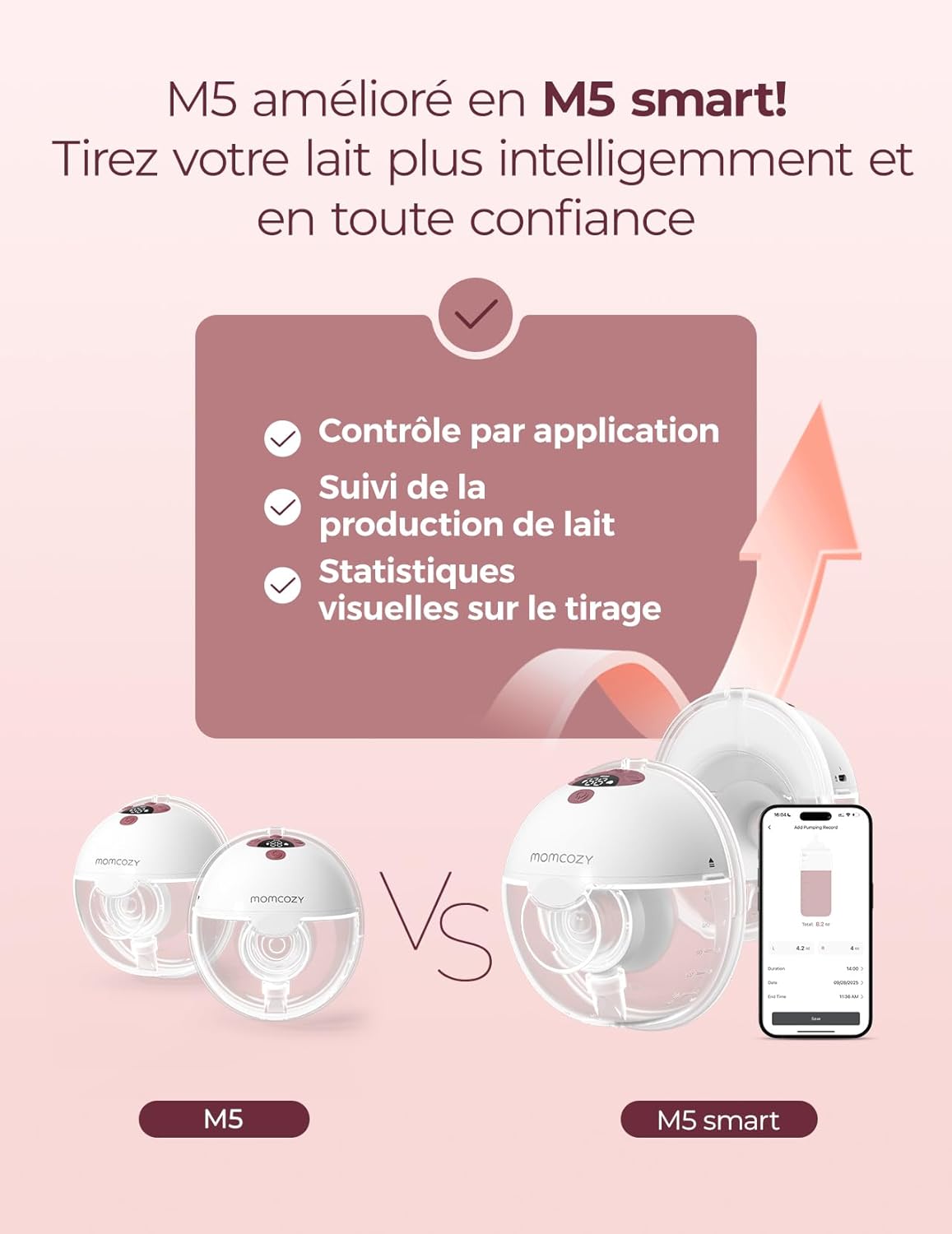 Tire lait électrique M5 mains libres contrôle app 3 modes 9 niveaux téterelle 24 mm rouge lot 2