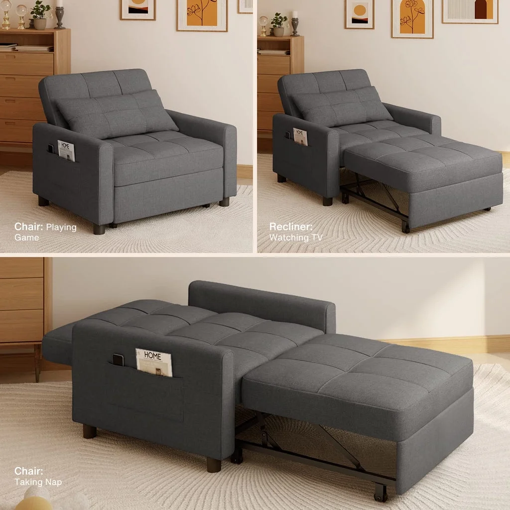 Convertible Sleeper Chair, Aiho 3 - in - 1 Convertible Sofa Bed Recliner Chair with Pull Out Couch - Dark Gray