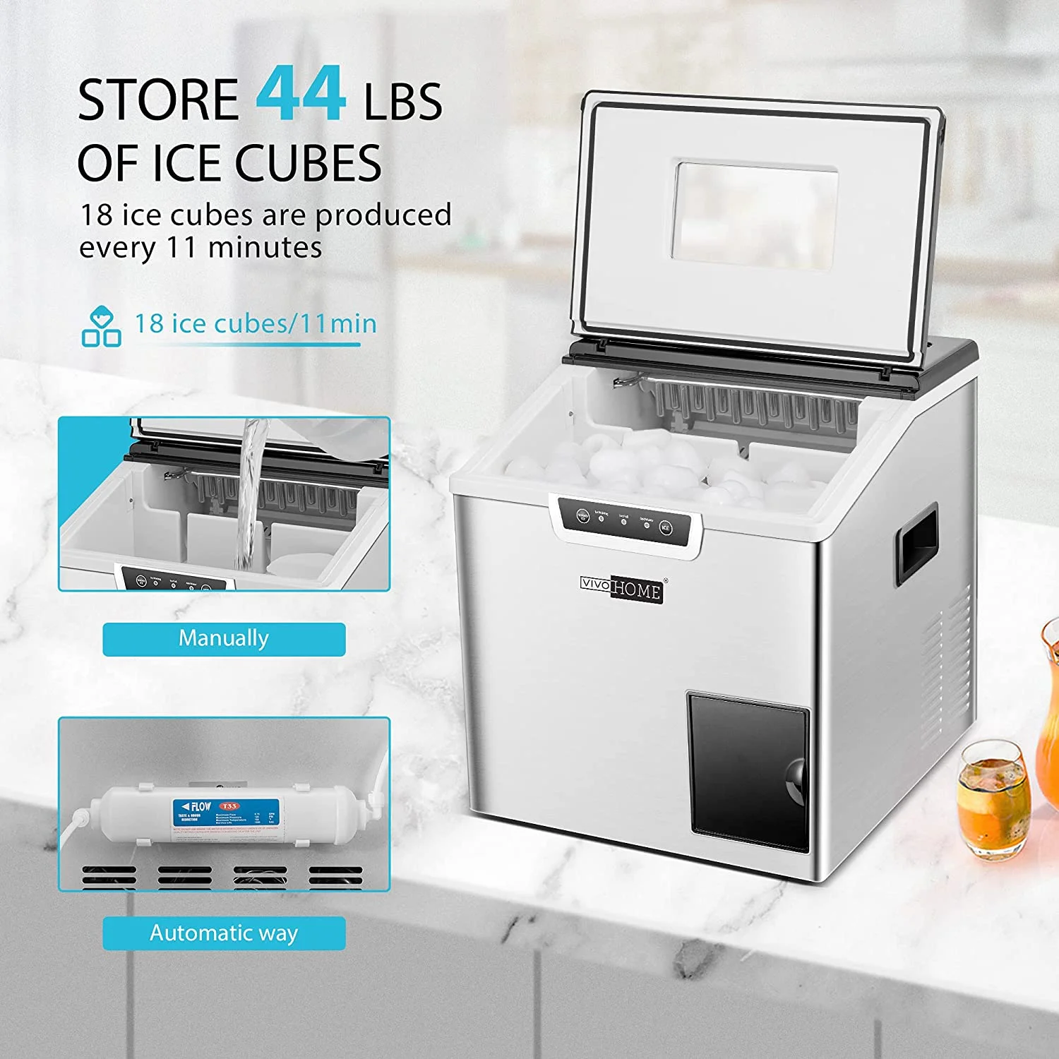 VIVOHOME 2 in 1 Countertop Ice Maker & Ice Shaver Machine, 33 lb/Day