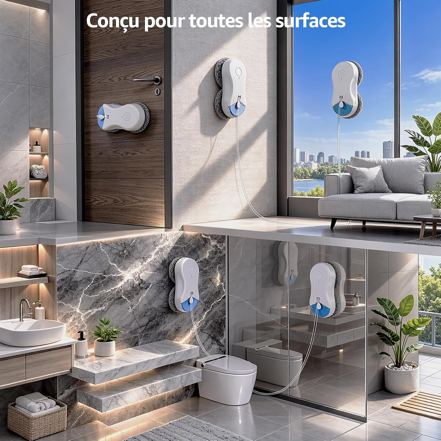 Robot nettoyeur vitres S55 Pro 6500Pa patins 3D flottants HydroJet navigation Slam 40 réservoir 80 ml sécurité multicouche