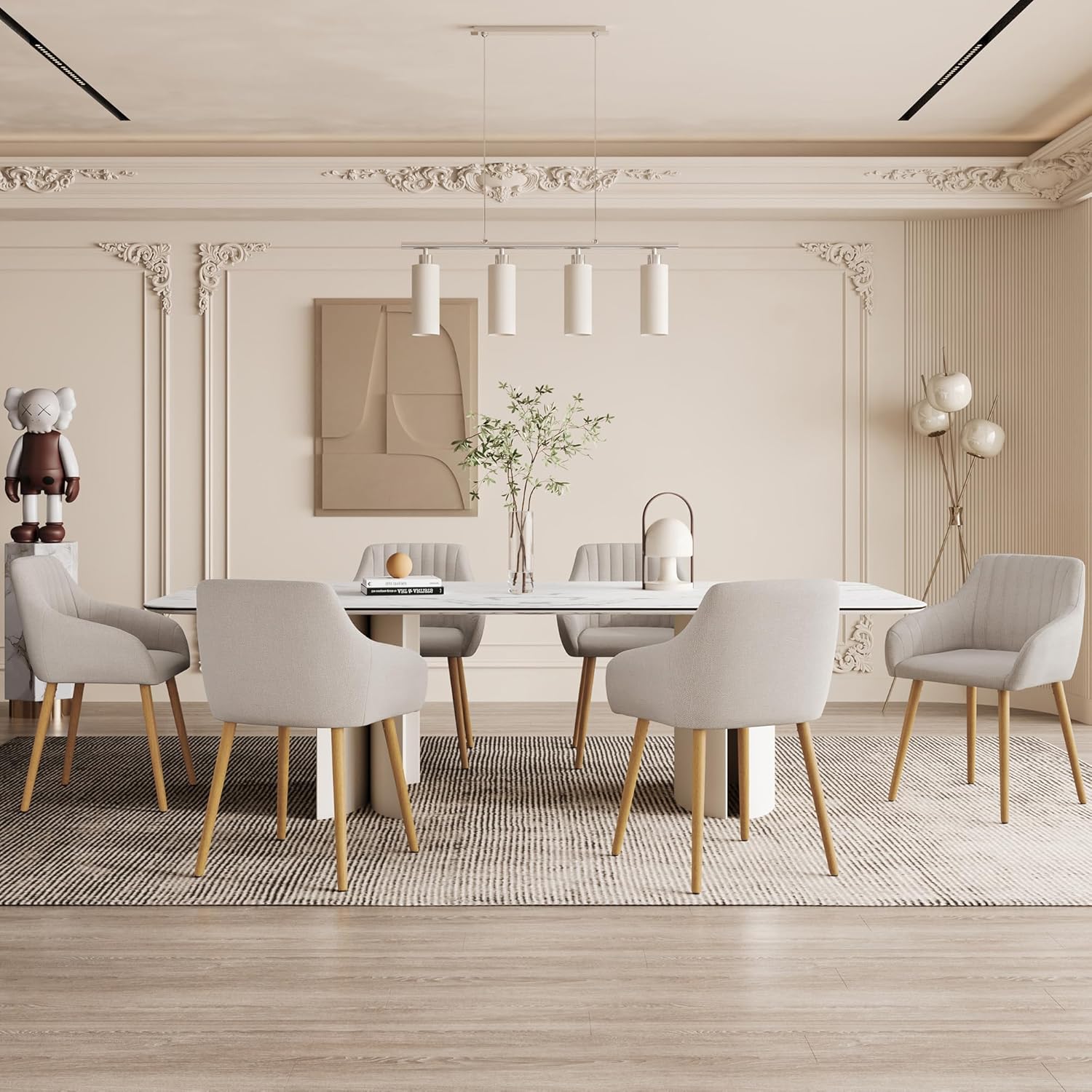 Lot 4 chaises salle à manger beige accoudoirs rembourrées polyester pieds bois salon cuisine bureau