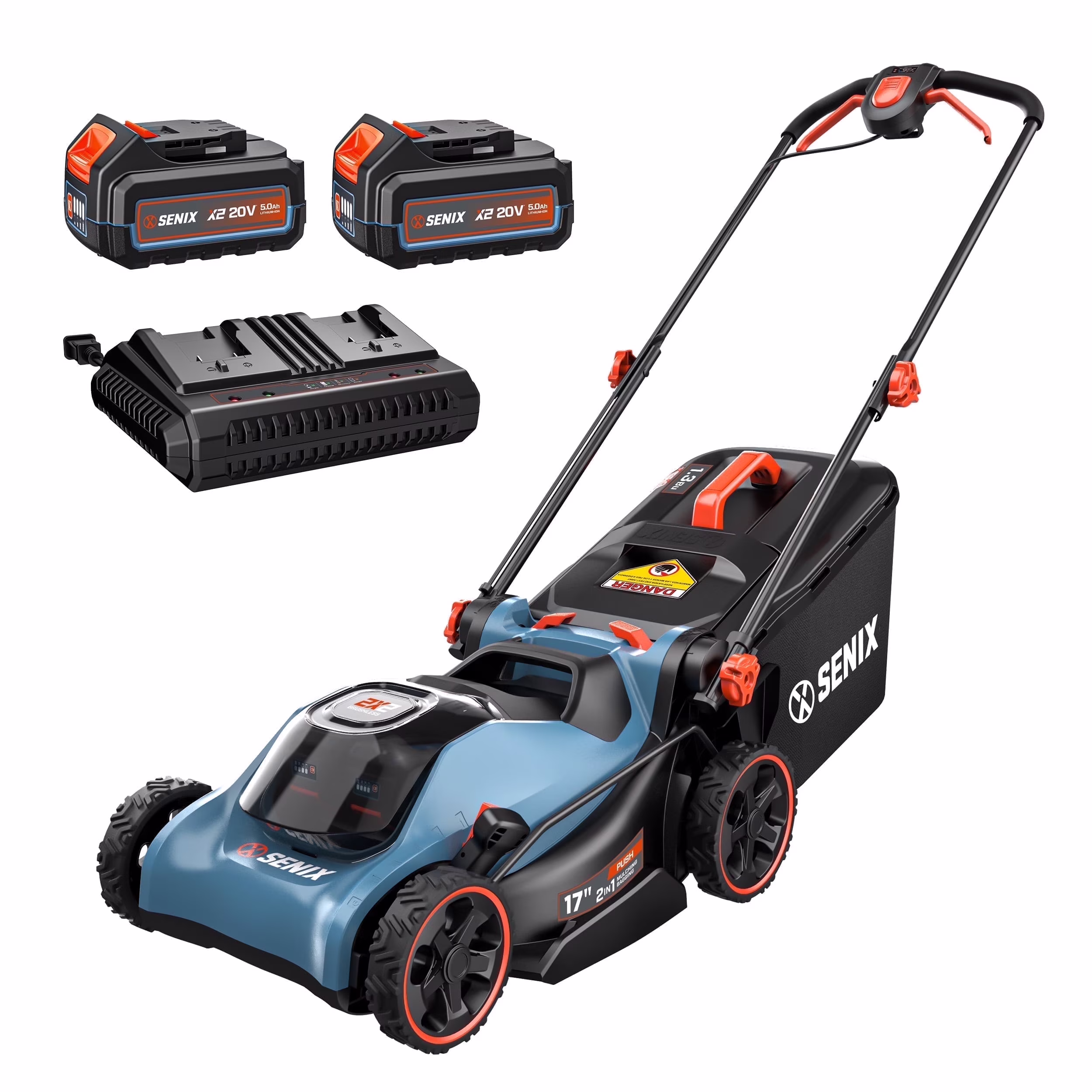 SENIX 40V Brushless 18in Deck Battery Lawn Mower, 17in Cutting Blade, 2 - in - 1 Mulching & Bagging Cordless Push Mower, 6 - Position Adjustment, LPPX2 - M5