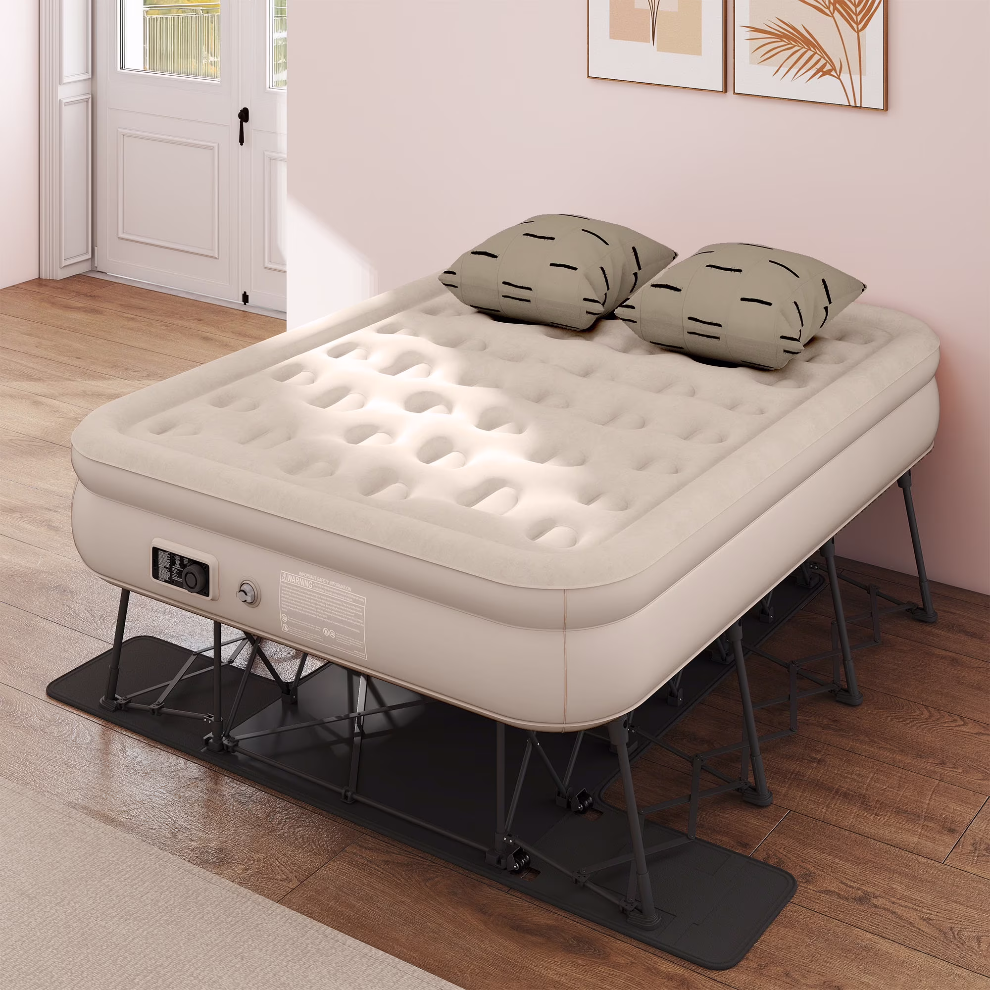 Uforic Inflatable Queen Air Mattress with Built - in Pump, Frame, Velvet Surface & Portable Storage Case, Khaki