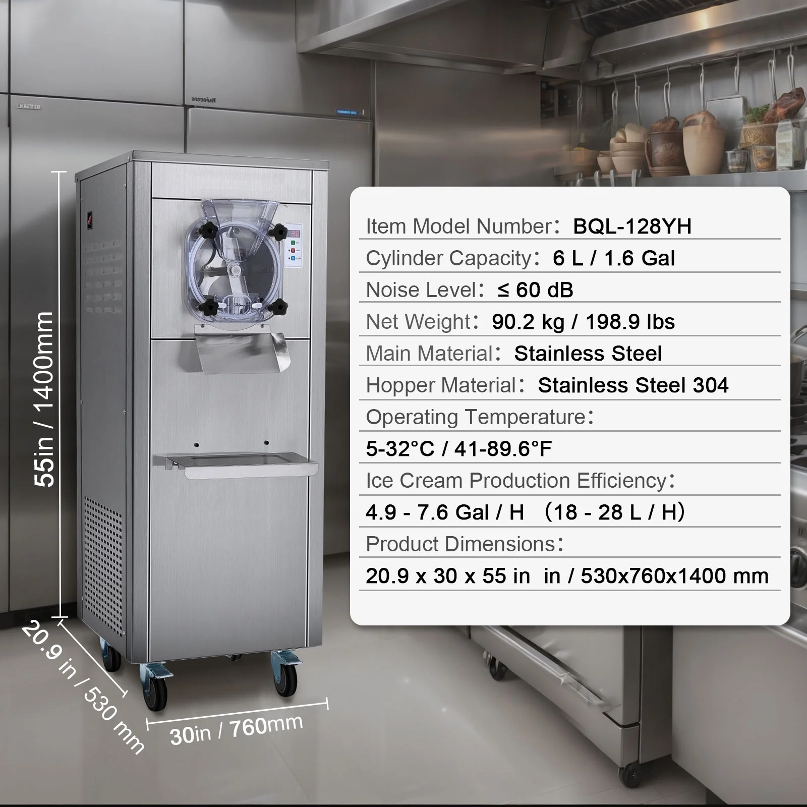 KFFKFF Commercial Ice Cream Machine, 18 L/Hour Output, 1780W, Single Flavor, Mobile with Wheels, 6 L Stainless Steel Cylinder, LED Screen, Auto Clean & Pre - Cool