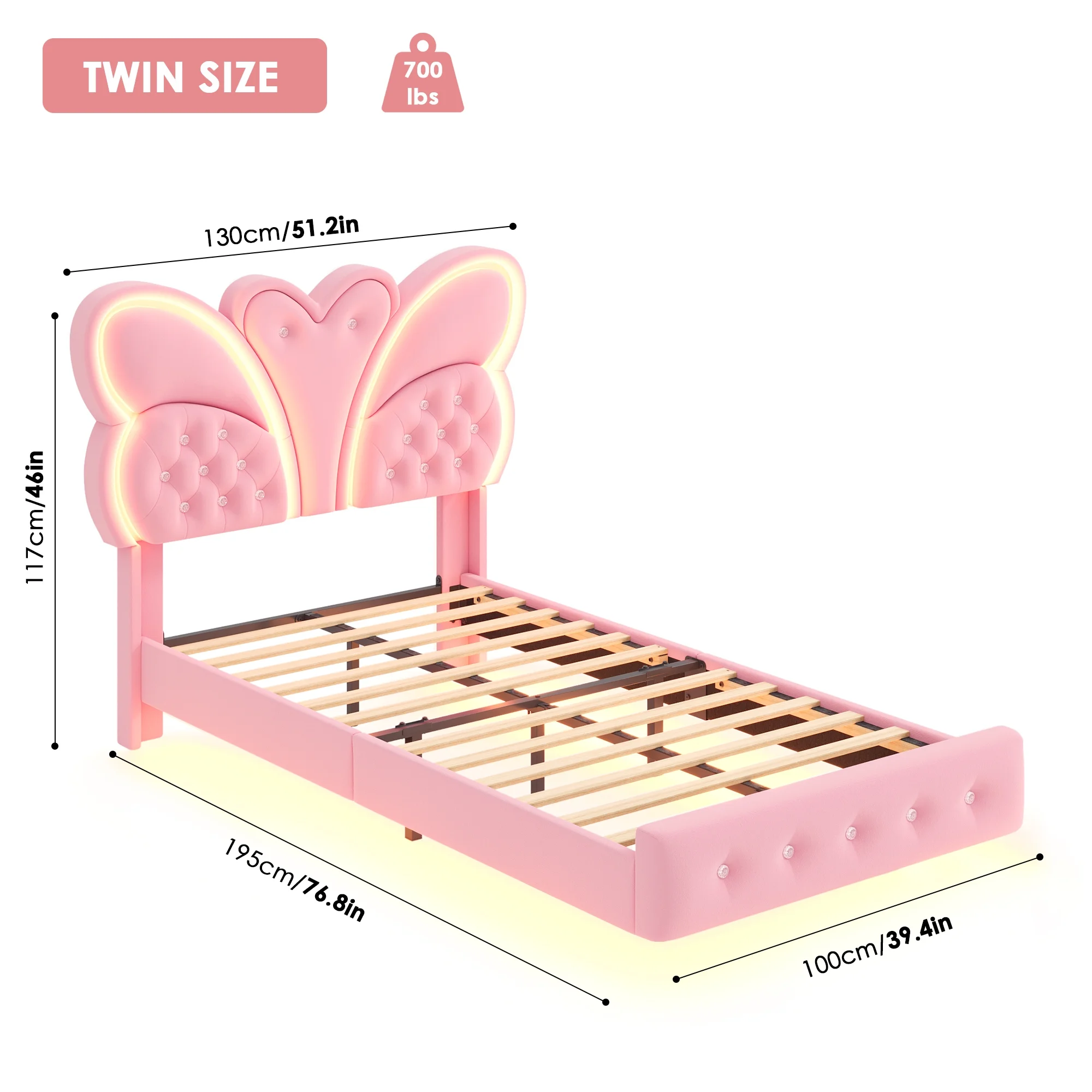 Homfa Twin Size Velvet Upholstered Bed with LED Lights, Floating Platform Bed Frame with Butterfly Crystal Button Tufted Headboard, Pink