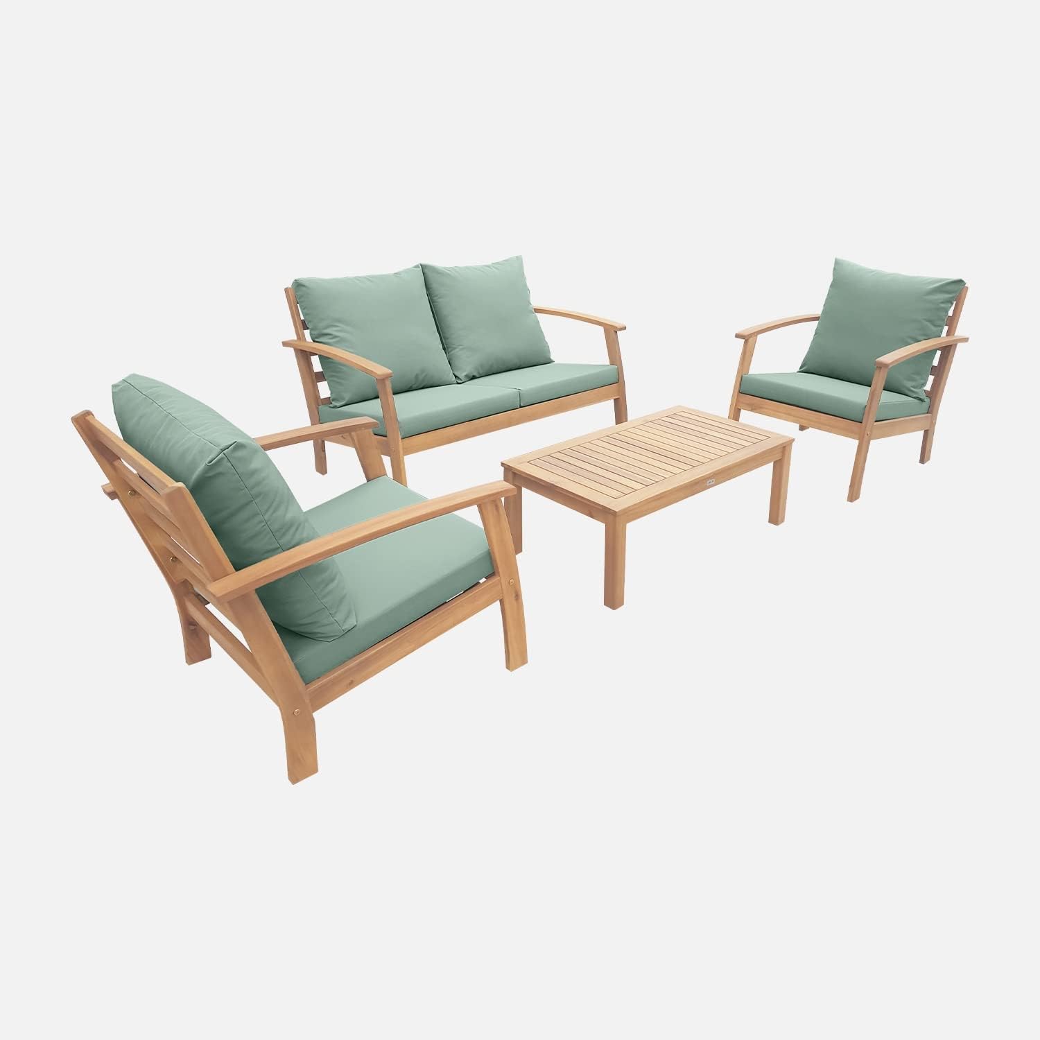 Salon jardin bois 4 places canapé fauteuils table basse acacia coussins vert de gris