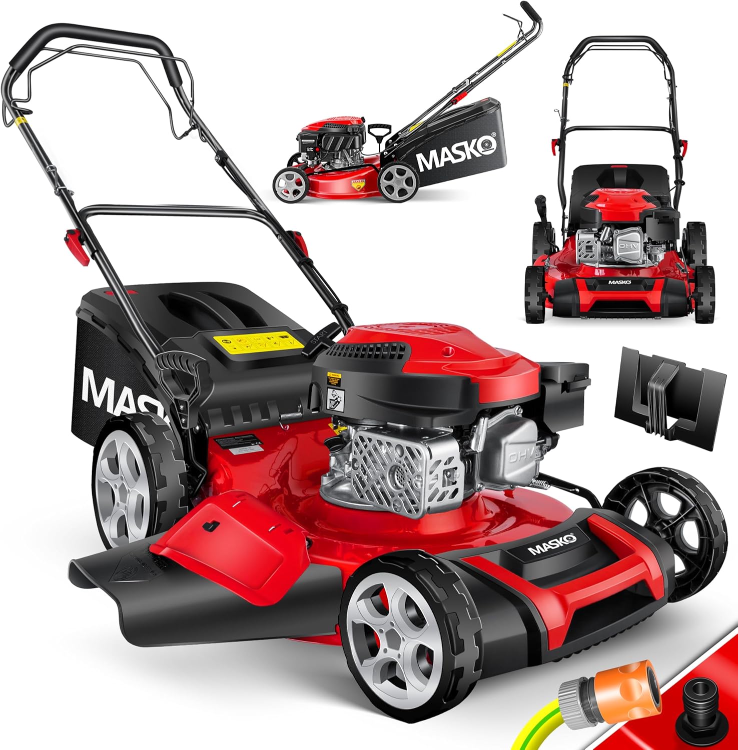 Tondeuse essence 5 en 1 roue motrice largeur coupe 51 cm mulching éjection latérale hauteur réglable