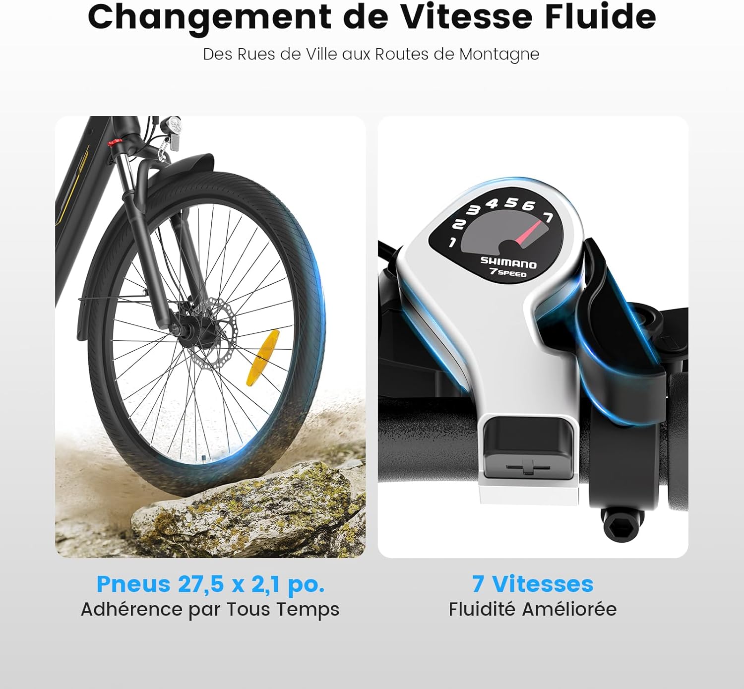 Vélo électrique 27,5 pouces moteur 250 W batterie 36 V 15,6 Ah autonomie 100 km 7 vitesses