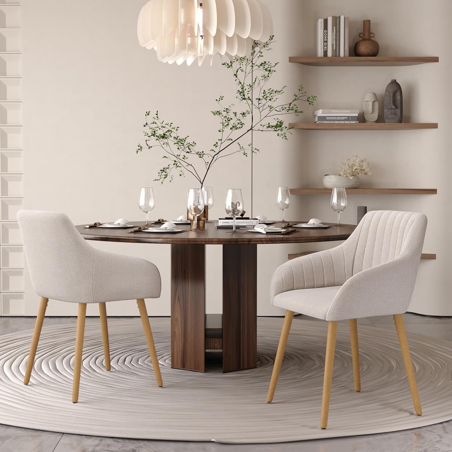 Lot 4 chaises salle à manger beige accoudoirs rembourrées polyester pieds bois salon cuisine bureau