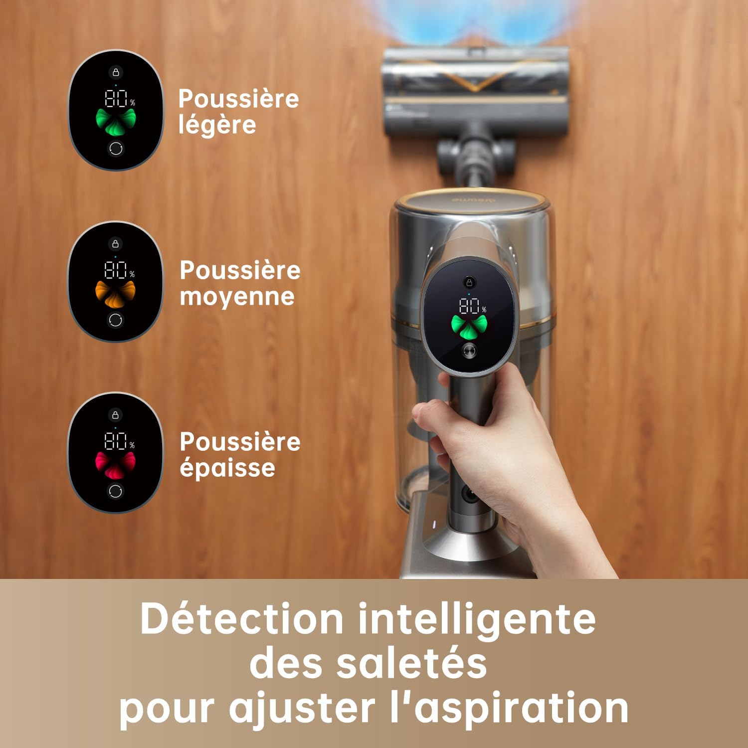 Aspirateur balai sans fil R20 22000Pa 190AW autonomie 90 min détection saleté LED lumières bleues anti emmêlement