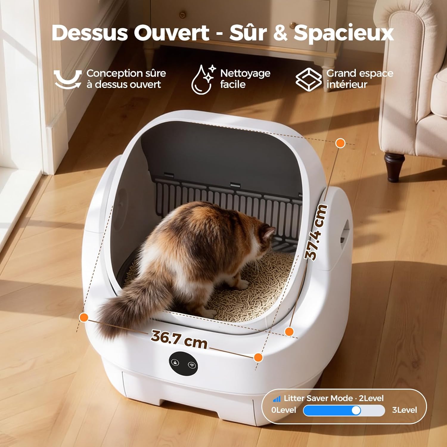 Litière chat autonettoyante ouverte grande capacité contrôle app sécurité anti odeur multi chats
