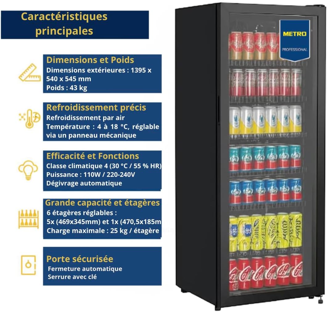 Réfrigérateur boissons GSC4240B 237 L métal verre refroidissement statique 110W serrure restauration noir
