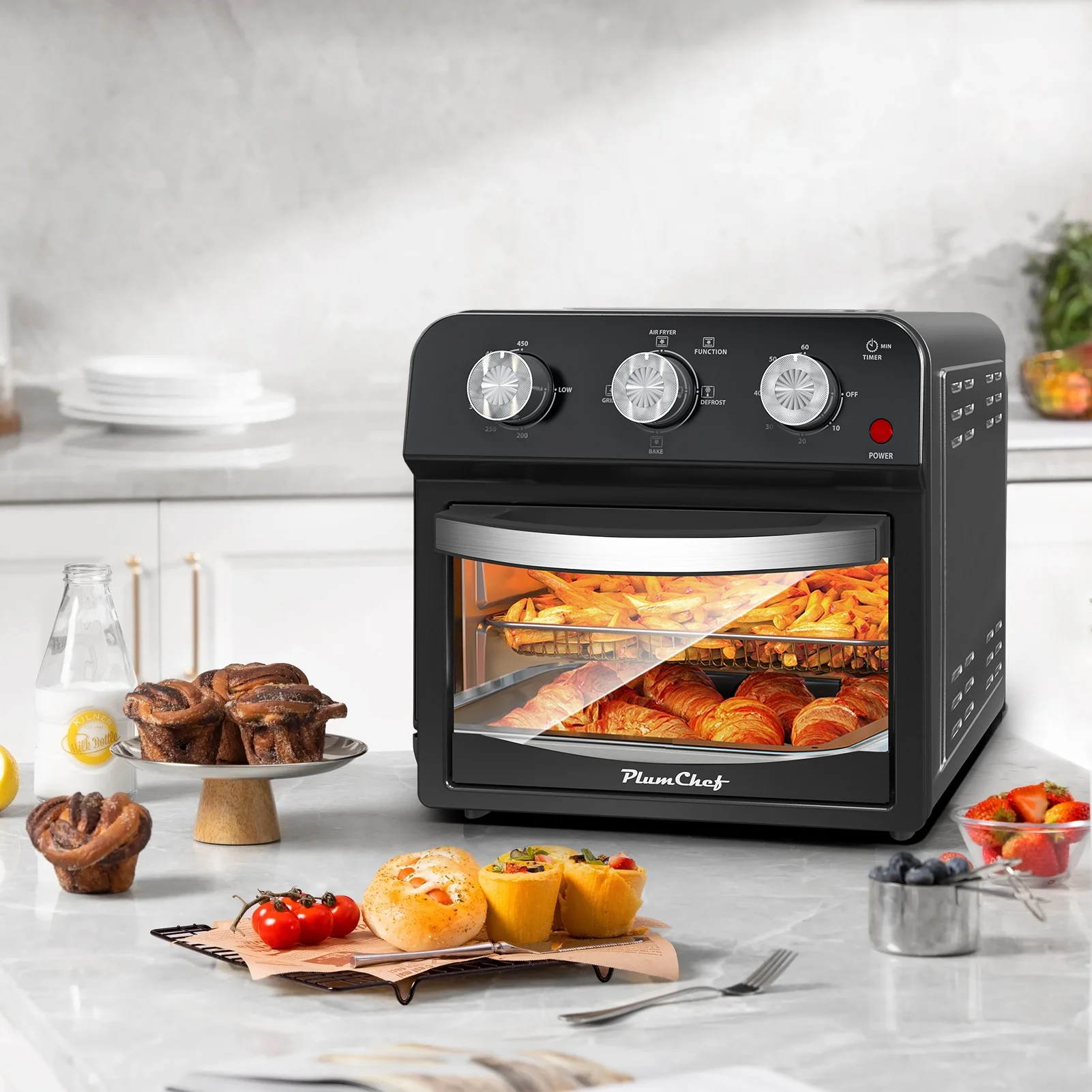 Plumchef 12 Quart 4 Slices Air Fryer Convection Toaster Oven, 1500W, 4 Cooking Modes, 7 in 1 Multifunction with Roast, Bake, Grill, Broil, Toast, Dehydrate, Defrost, Stainless Stee