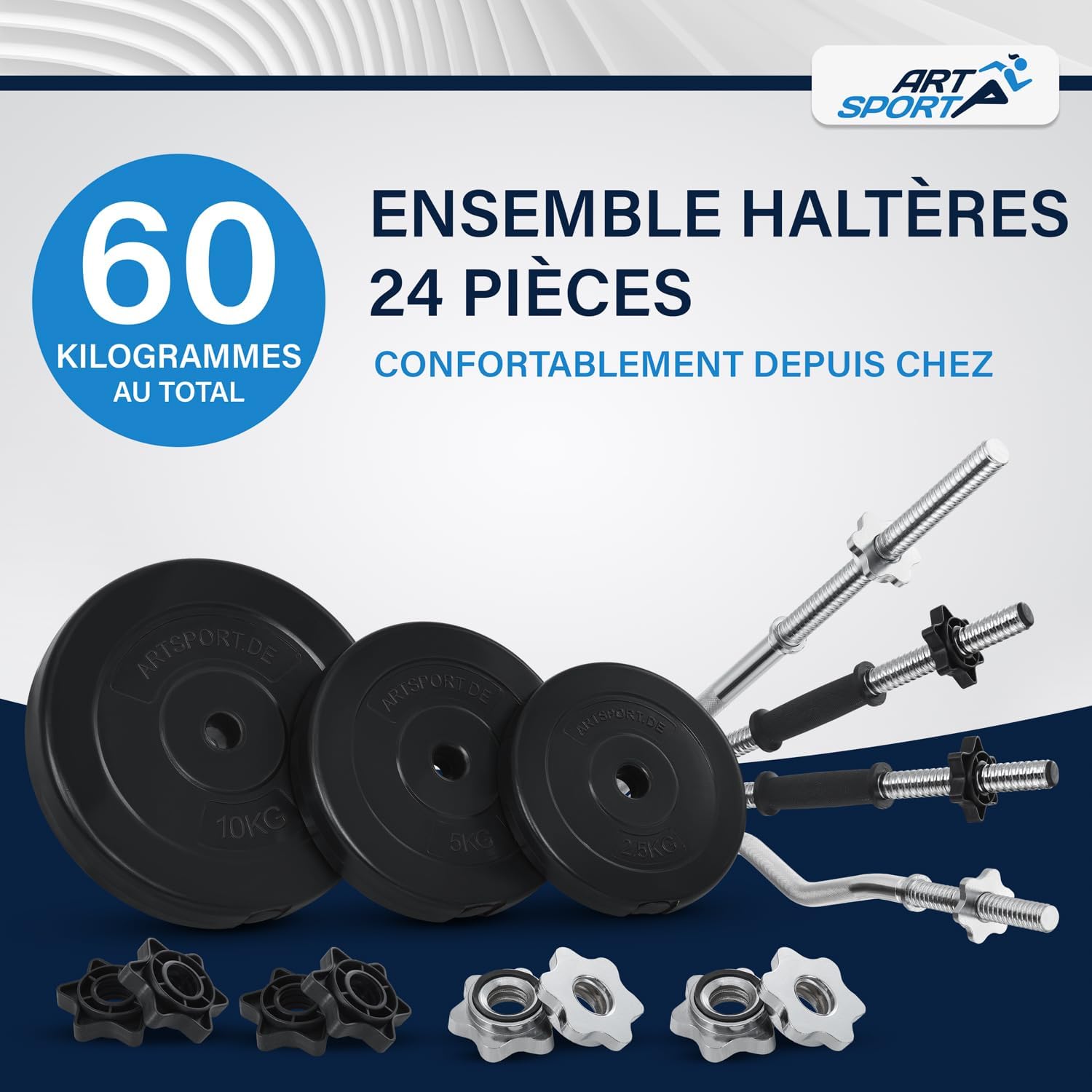 Ensemble haltères musculation 3 en 1 60 kg avec barre longue et curl