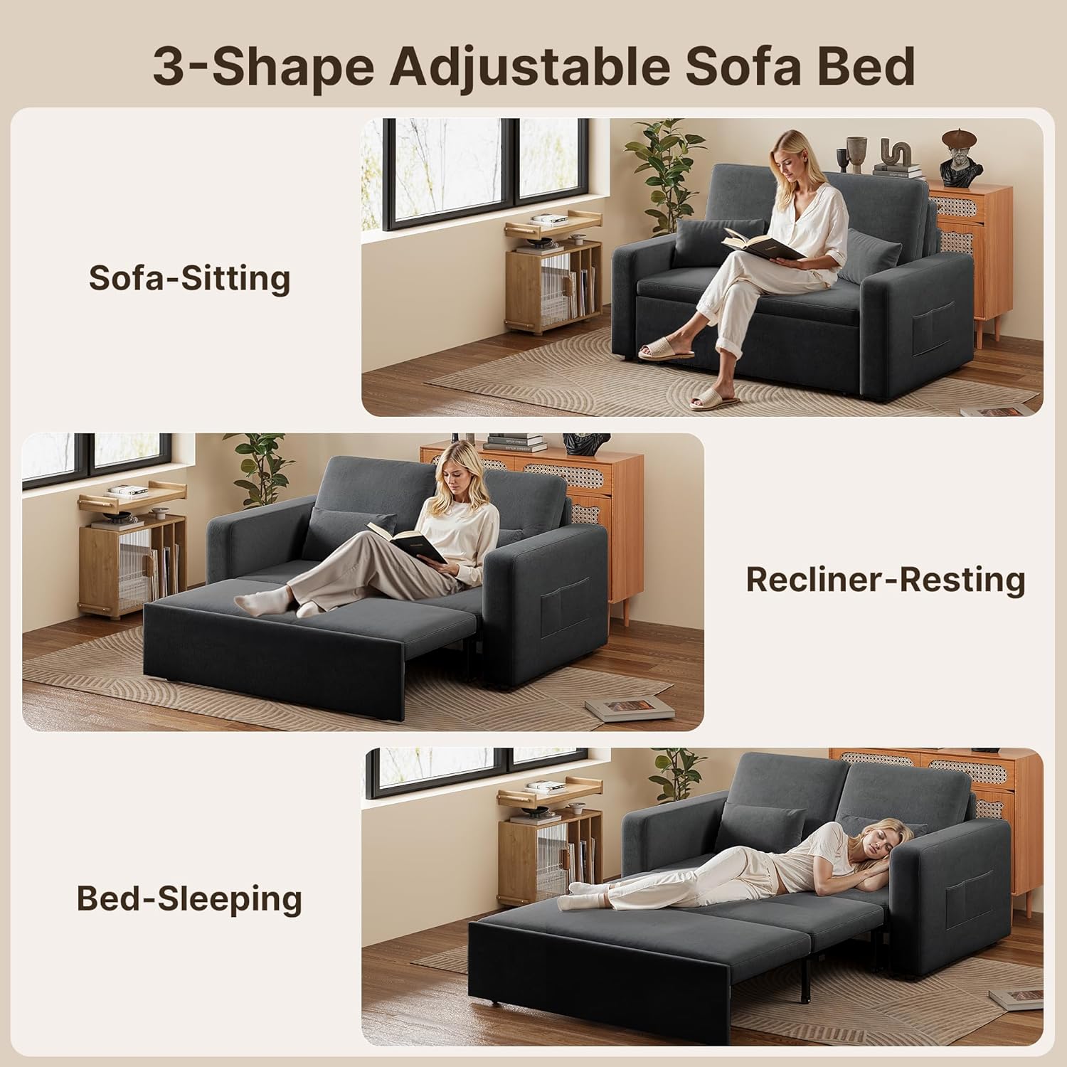 Canapé lit 2 places convertible 147 x 196 x 87 cm velours gris foncé