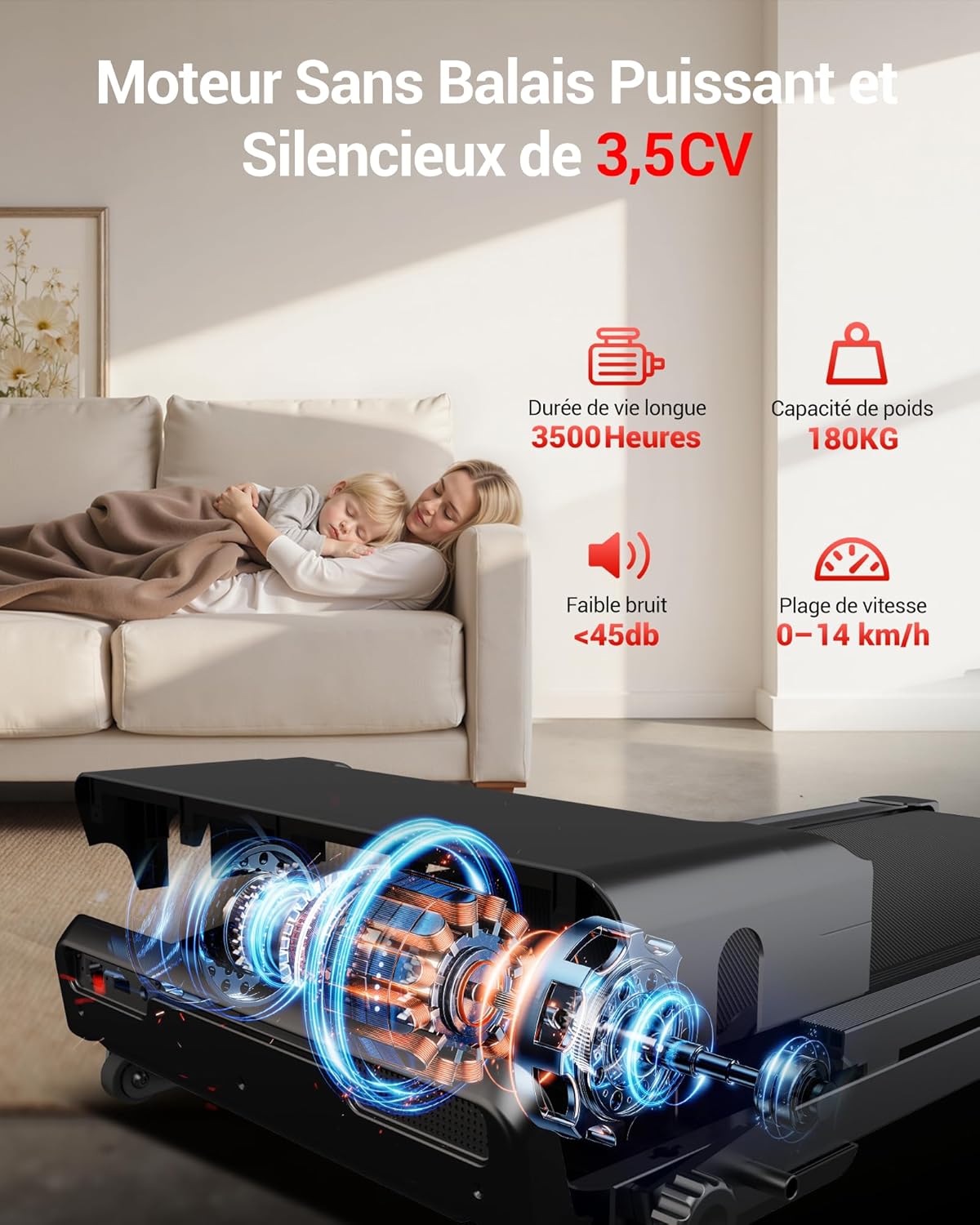 Tapis de course inclinable 16% 14 km/h pliable fréquence cardiaque moteur 35 CV LED charge 180 kg
