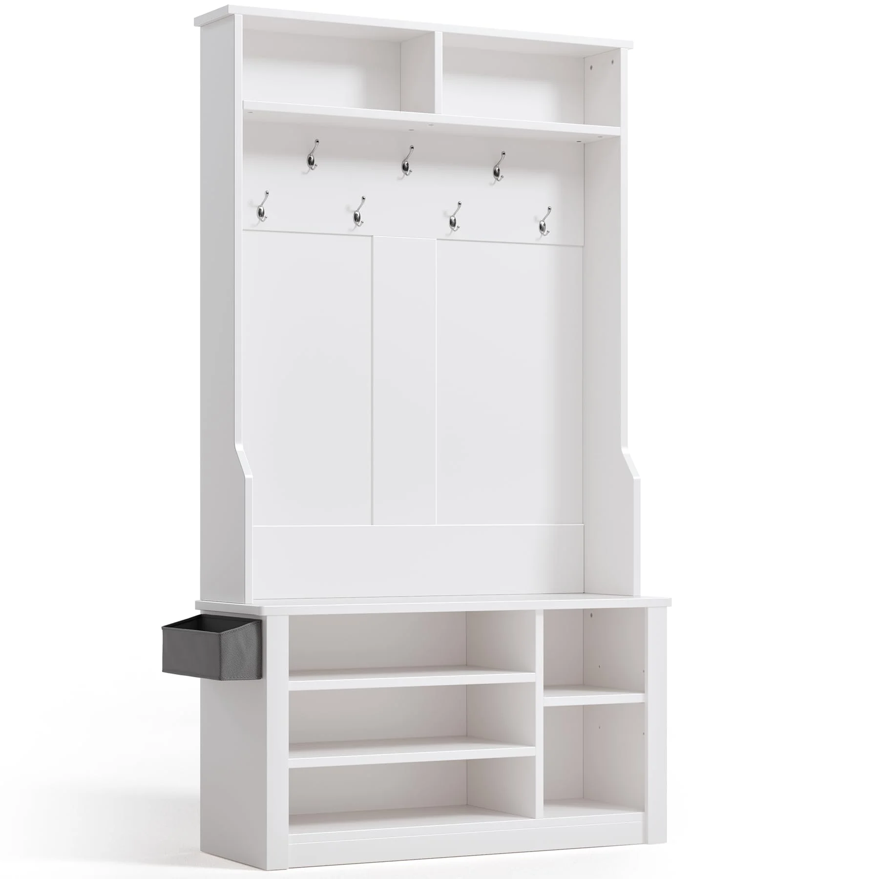 Lofka 5 - in - 1 Hall Tree with Bench and Shoe Storage, Entryway Hall Tree with Coat Rack, Adjustable Shoe Storage, 2 - Tier Top Storage, White