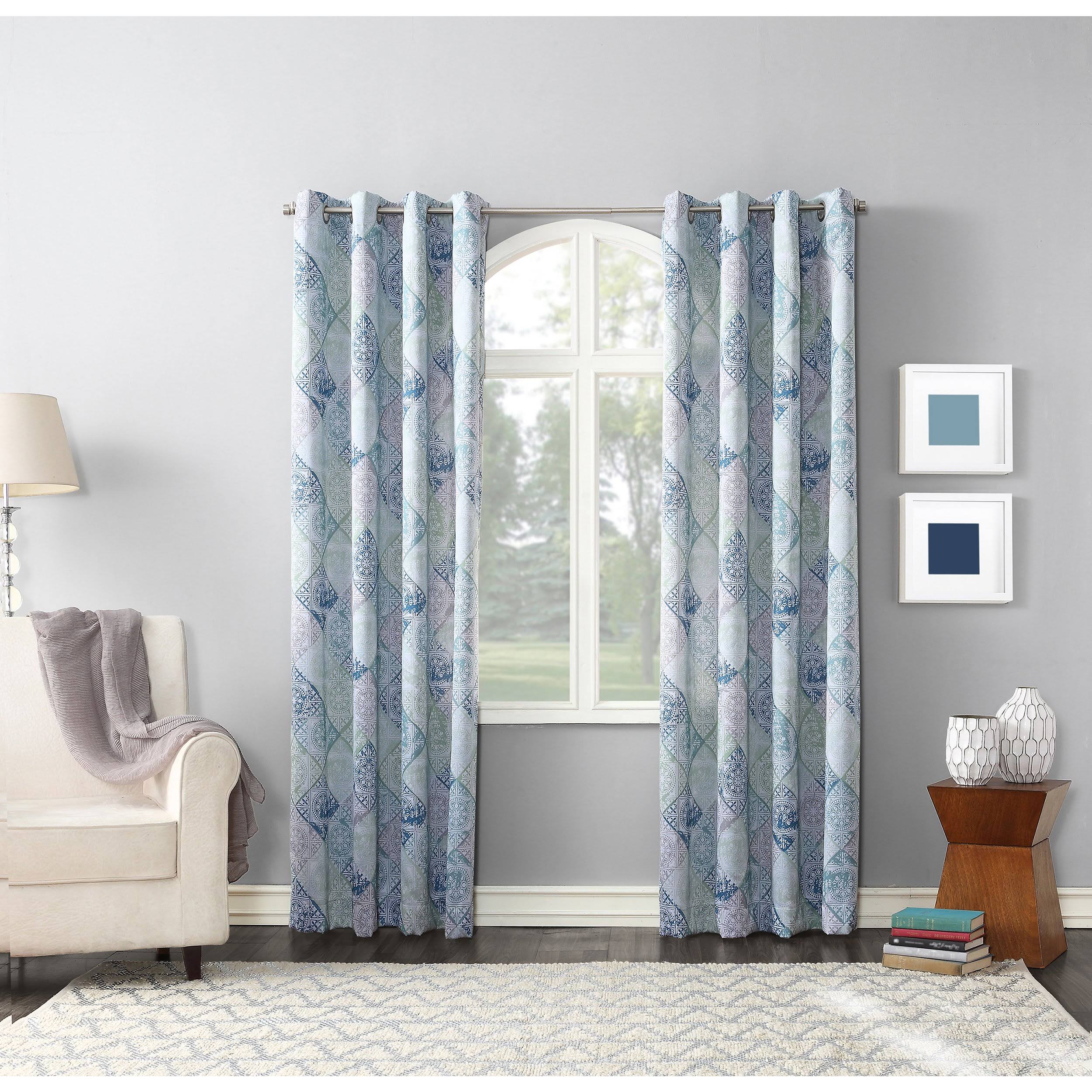 Sun Zero Lawson Distressed Global Tile-Print Lined Grommet Curtain Panel, Indigo