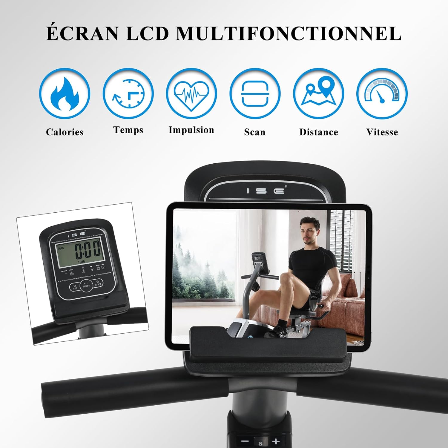 Vélo d appartement semi allongé magnétique 8 niveaux siège réglable écran LCD