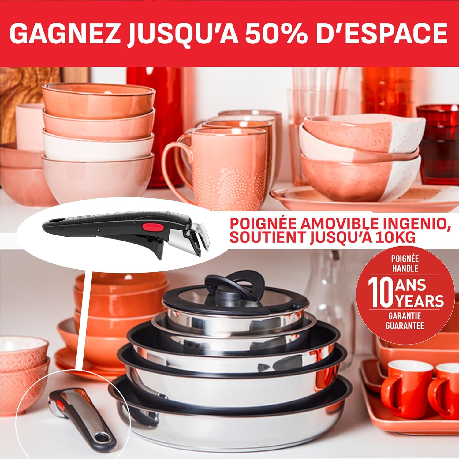 Batterie cuisine Ingenio 20 pièces poêles casseroles poignées amovibles induction antiadhésif empilable lavable