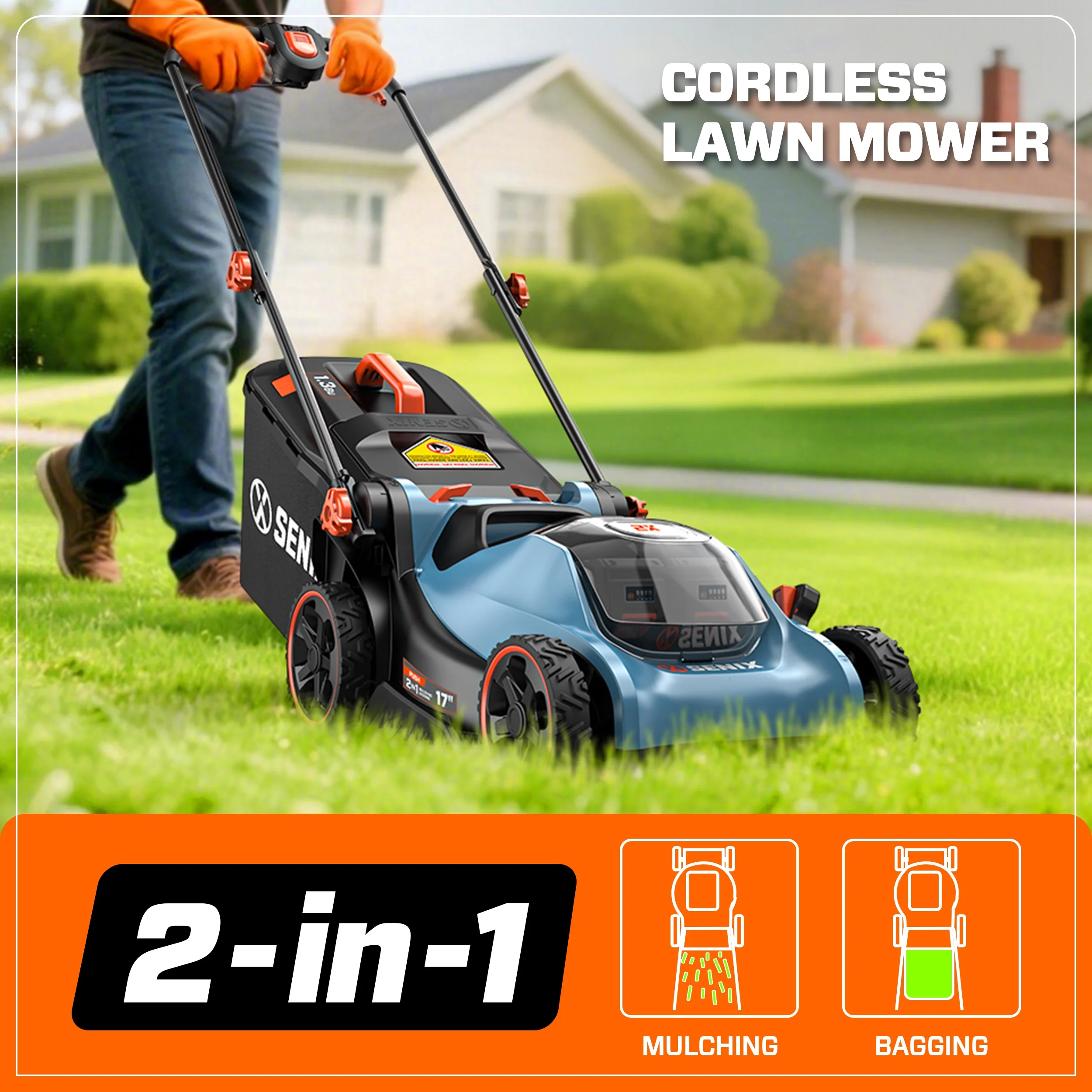 SENIX 40V Brushless 18in Deck Battery Lawn Mower, 17in Cutting Blade, 2 - in - 1 Mulching & Bagging Cordless Push Mower, 6 - Position Adjustment, LPPX2 - M5