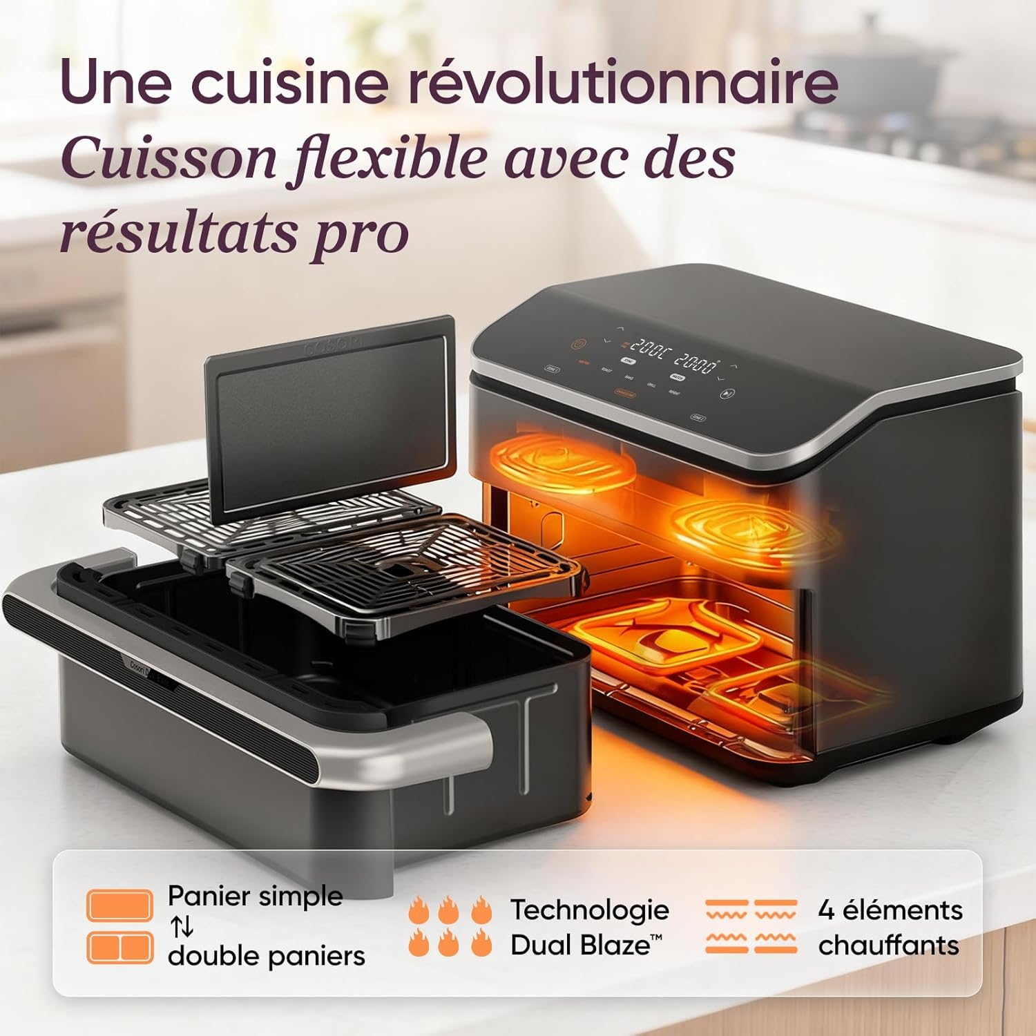 Friteuse air chaud 10L Twinfry double résistance dual zone séparateur amovible 5 en 1 40 à 240°C