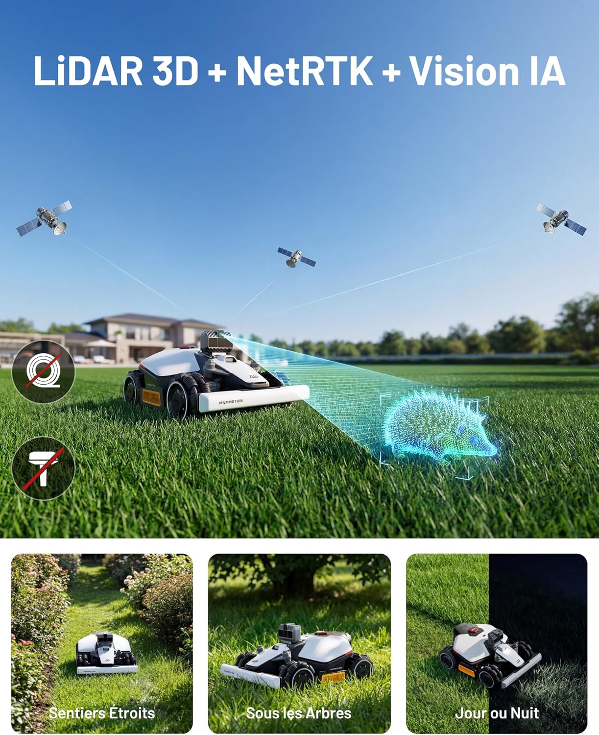 Robot tondeuse LUBA Mini AWD LiDAR 3D AI Vision sans antenne RTK cartographie auto 1500 m² pente 80% module 4G