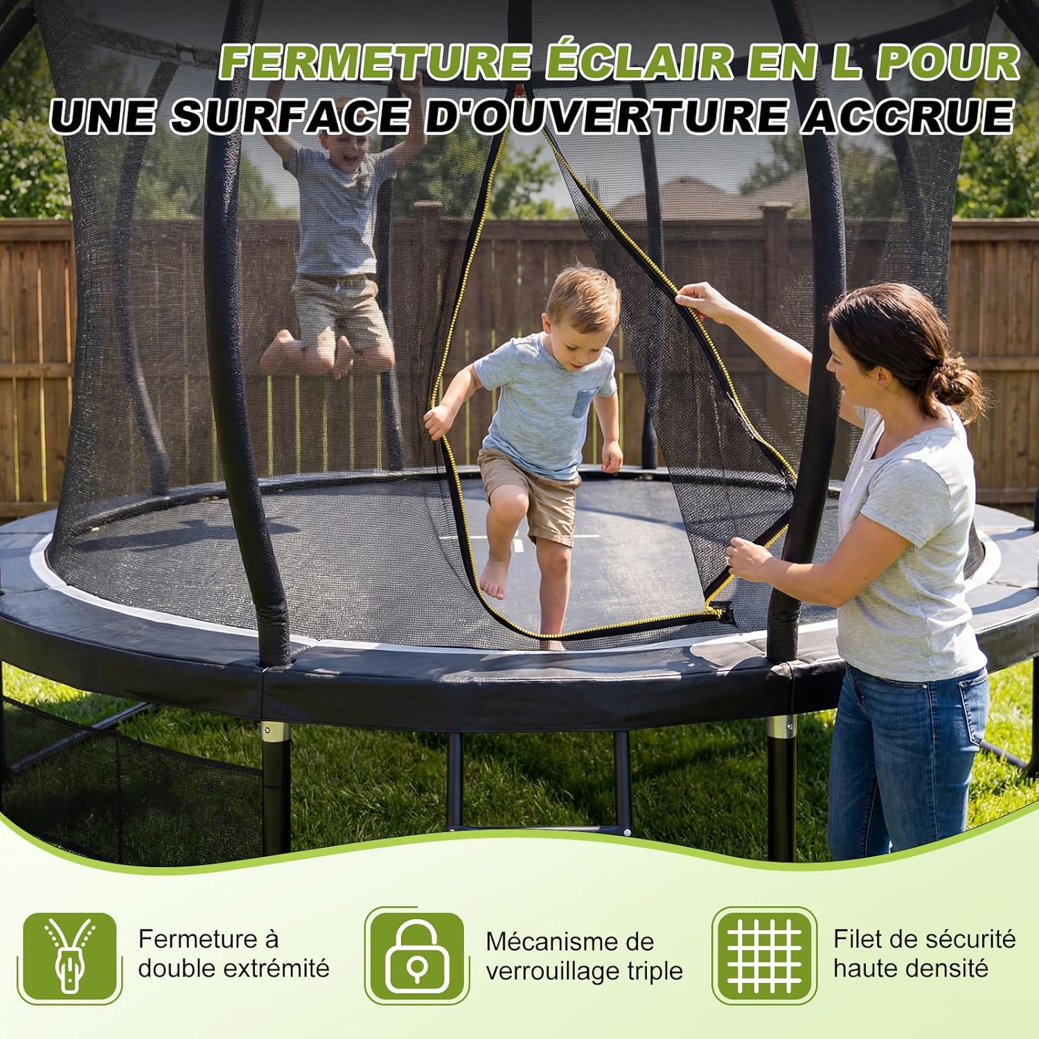 Trampoline extérieur 228 305 366 427 cm filet sécurité charge 150 kg