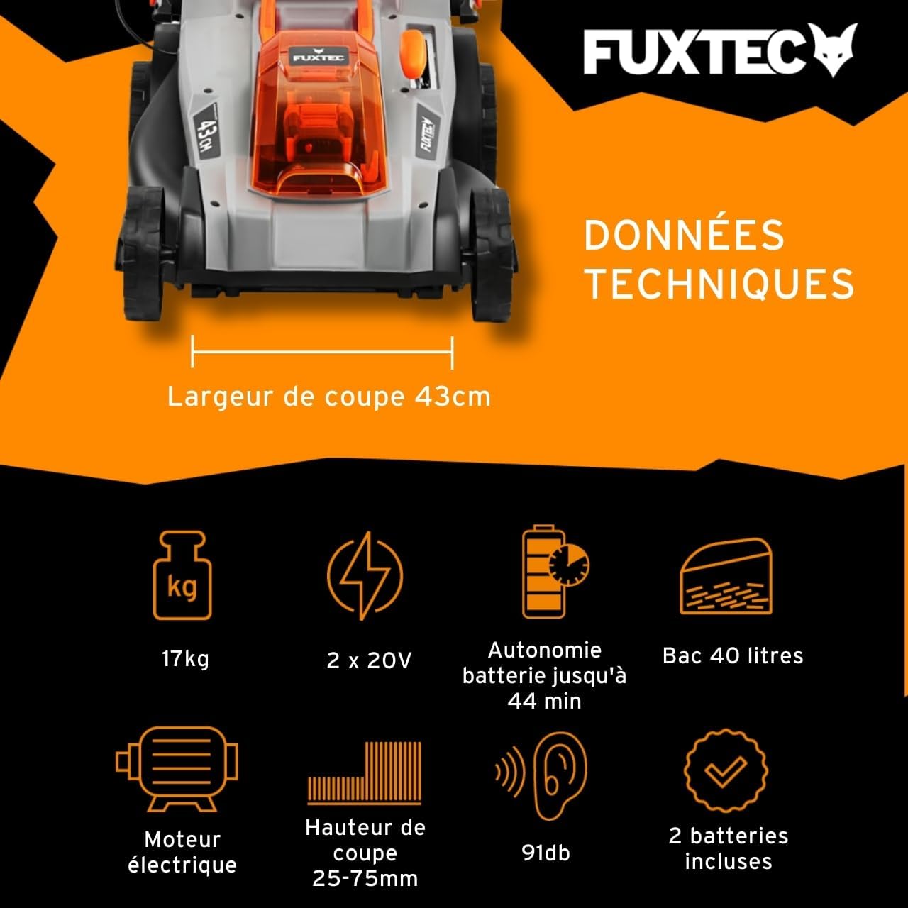 Tondeuse gazon sans fil 40V E2RM43 largeur coupe 43 cm bac 40 L hauteur réglable