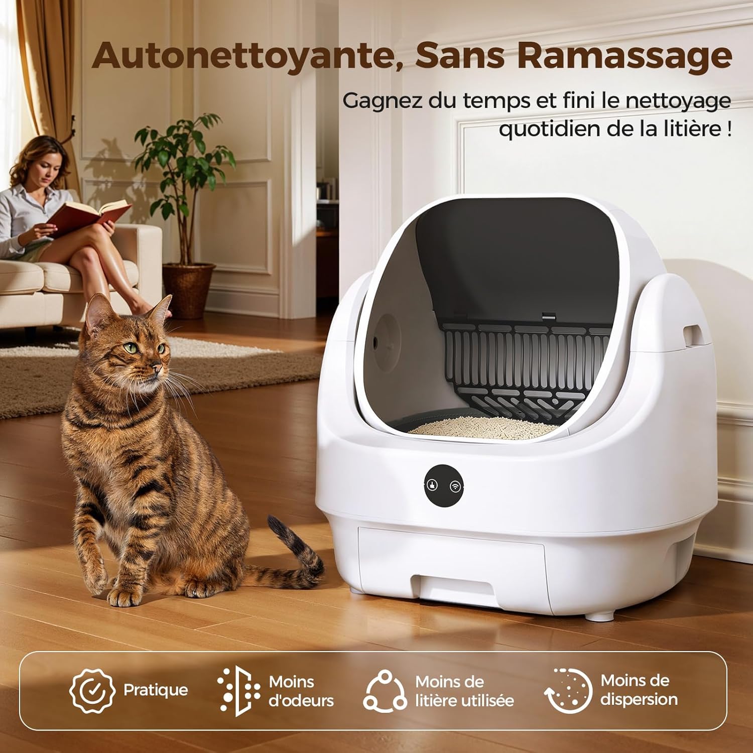 Litière chat autonettoyante ouverte grande capacité contrôle app sécurité anti odeur multi chats