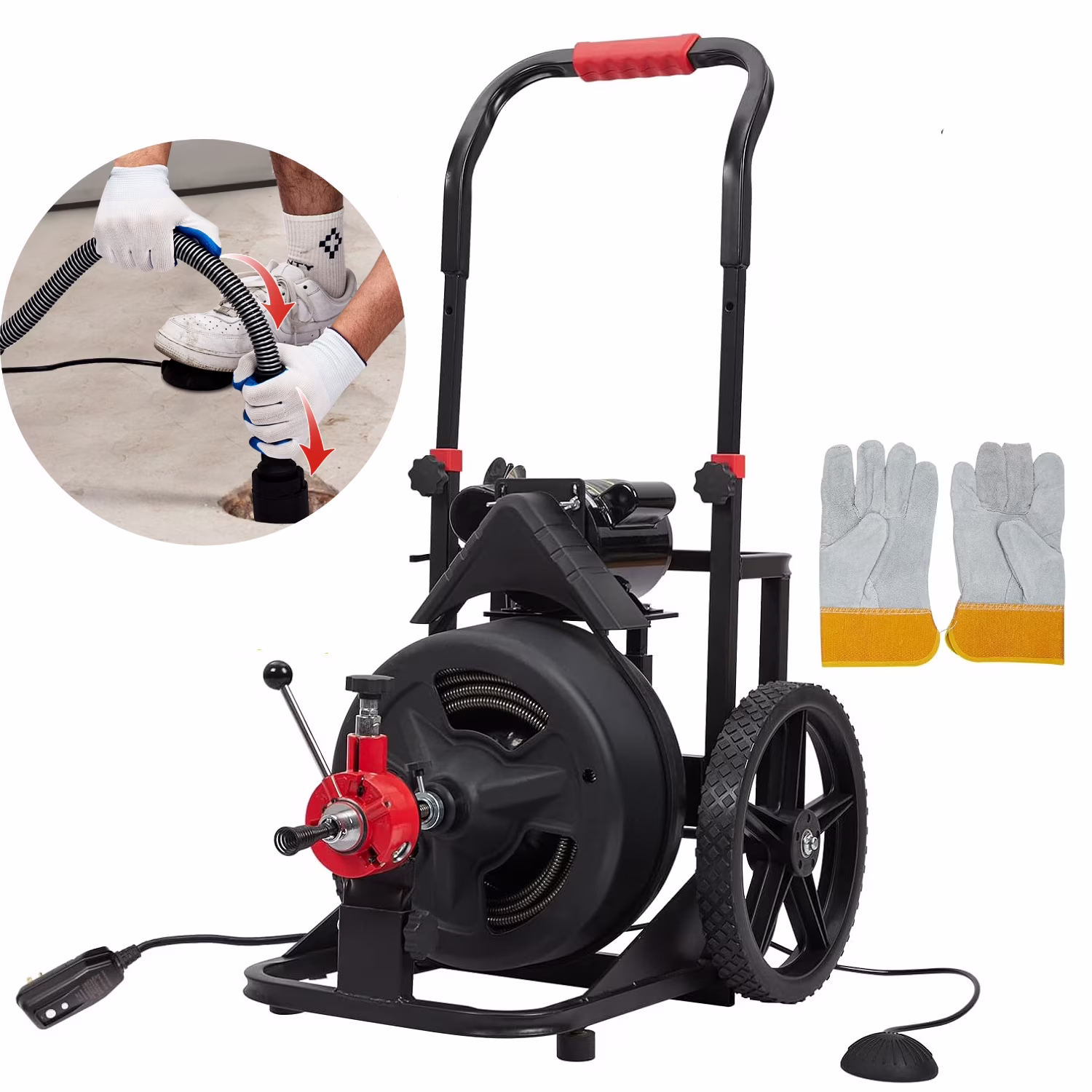 Aoile Sewer Snake 100 Ft x 1/2 in, Professional Drain Auger with 6 Cutters & Heacy - Duty Wheels for 1