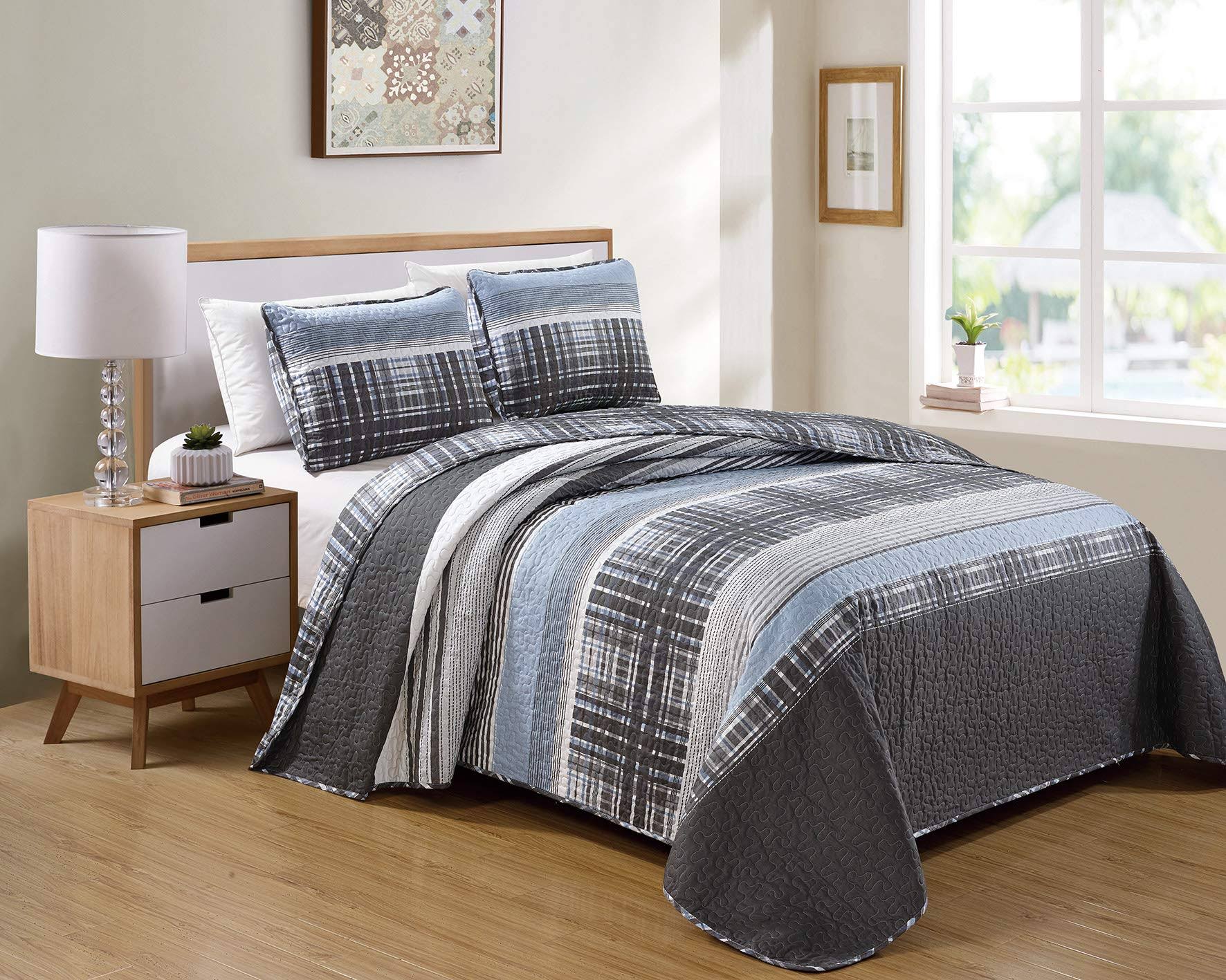 Luxury Home Collection 2 Piece Twin/Twin XL Quilted Reversible Coverlet Bedspread Set Modern Plaid Blue Gray White