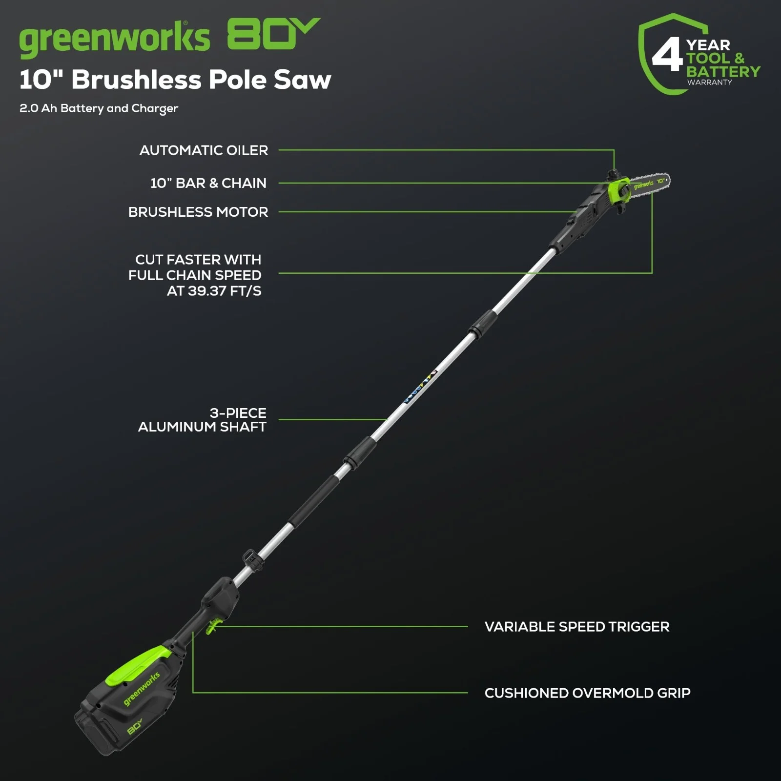 Greenworks 80V 10 in Pole Saw (Max Reach 14ft) W/ 2ah Battery and 2A Charger