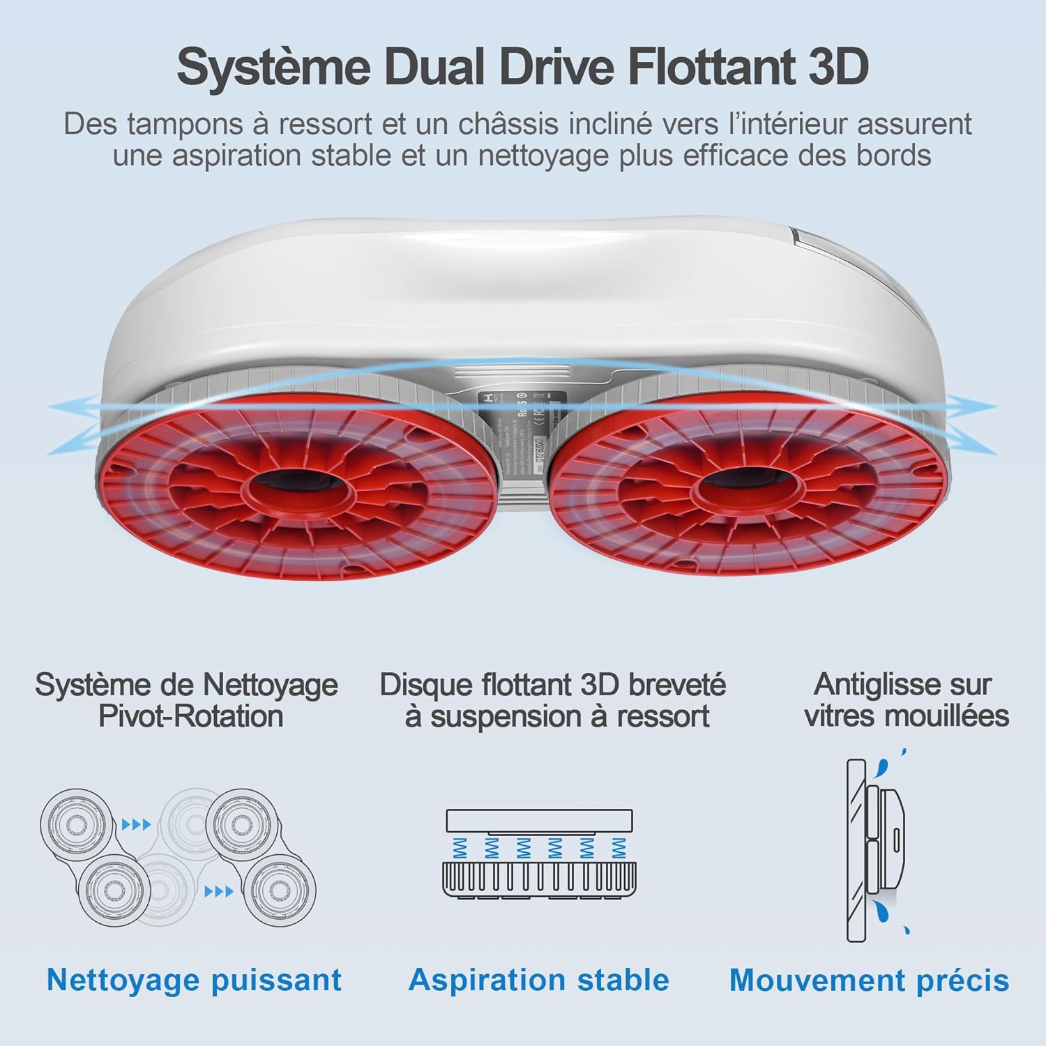 Robot nettoyeur vitres S55 Pro 6500Pa patins 3D flottants HydroJet navigation Slam 40 réservoir 80 ml sécurité multicouche