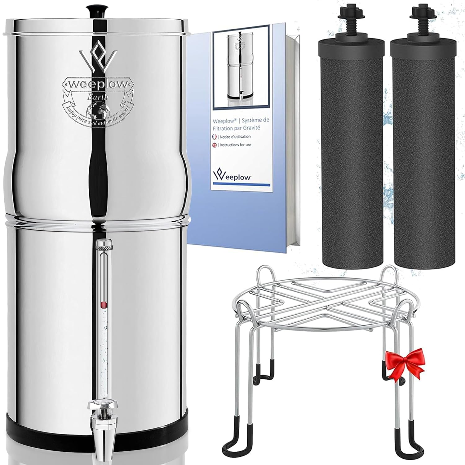 Système filtration eau gravité 85L AISI304 éléments purification O’Pure 2 robinet niveau eau support inox