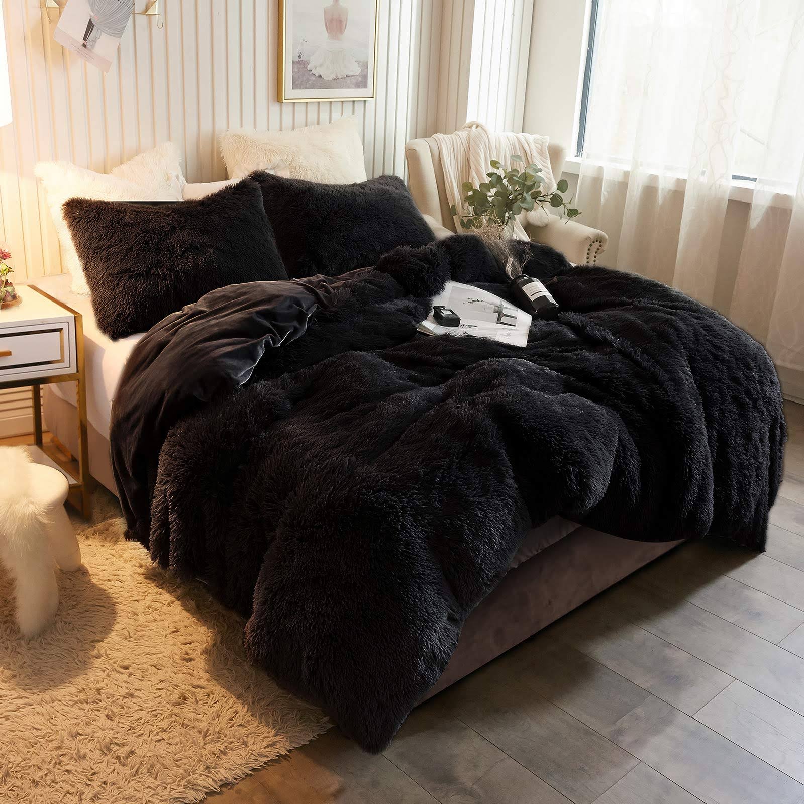 XeGe Plush Shaggy Duvet Cover Luxury Ultra Soft Crystal Velvet Bedding 1PC(1 Faux Fur Duvet Cover)zipper Closure (Queen Black)