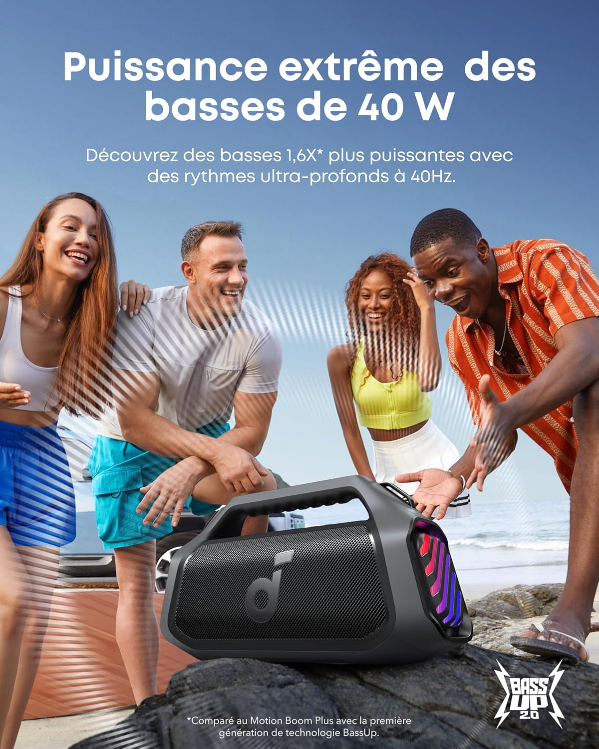 Enceinte Bluetooth 140 W stéréo BassUp 20 h IPX7 lumières RGB