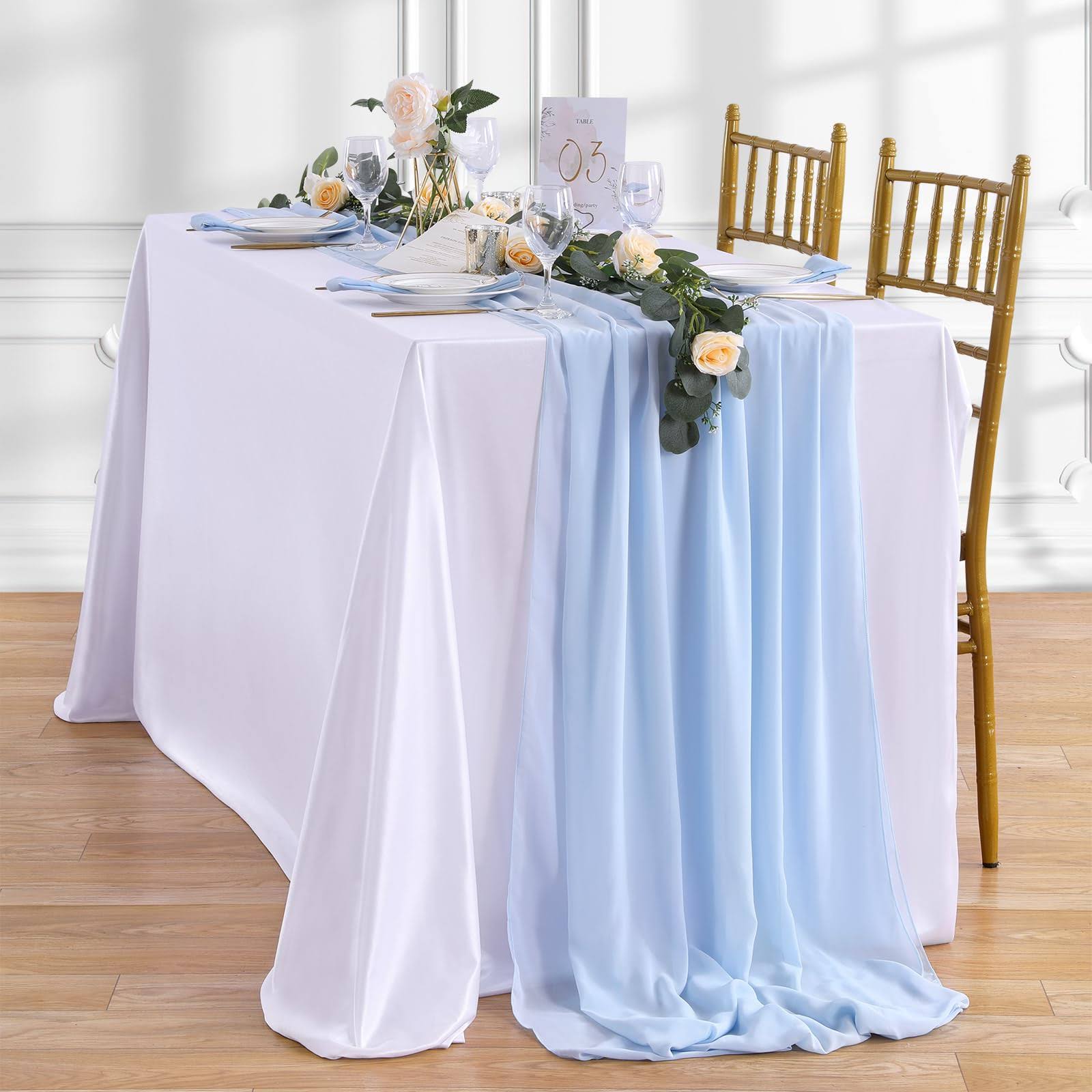 QueenDream Blue Chiffon Table Runner 10ft Long 27x120 Inches Romantic Wedding Linens Sheer Bridal Party Table Decorations