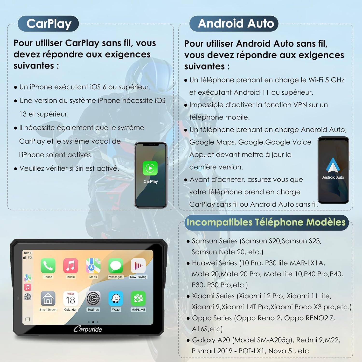 Écran moto CarPlay W702BS Pro 7 pouces étanche tactile double Bluetooth interphone données lecture