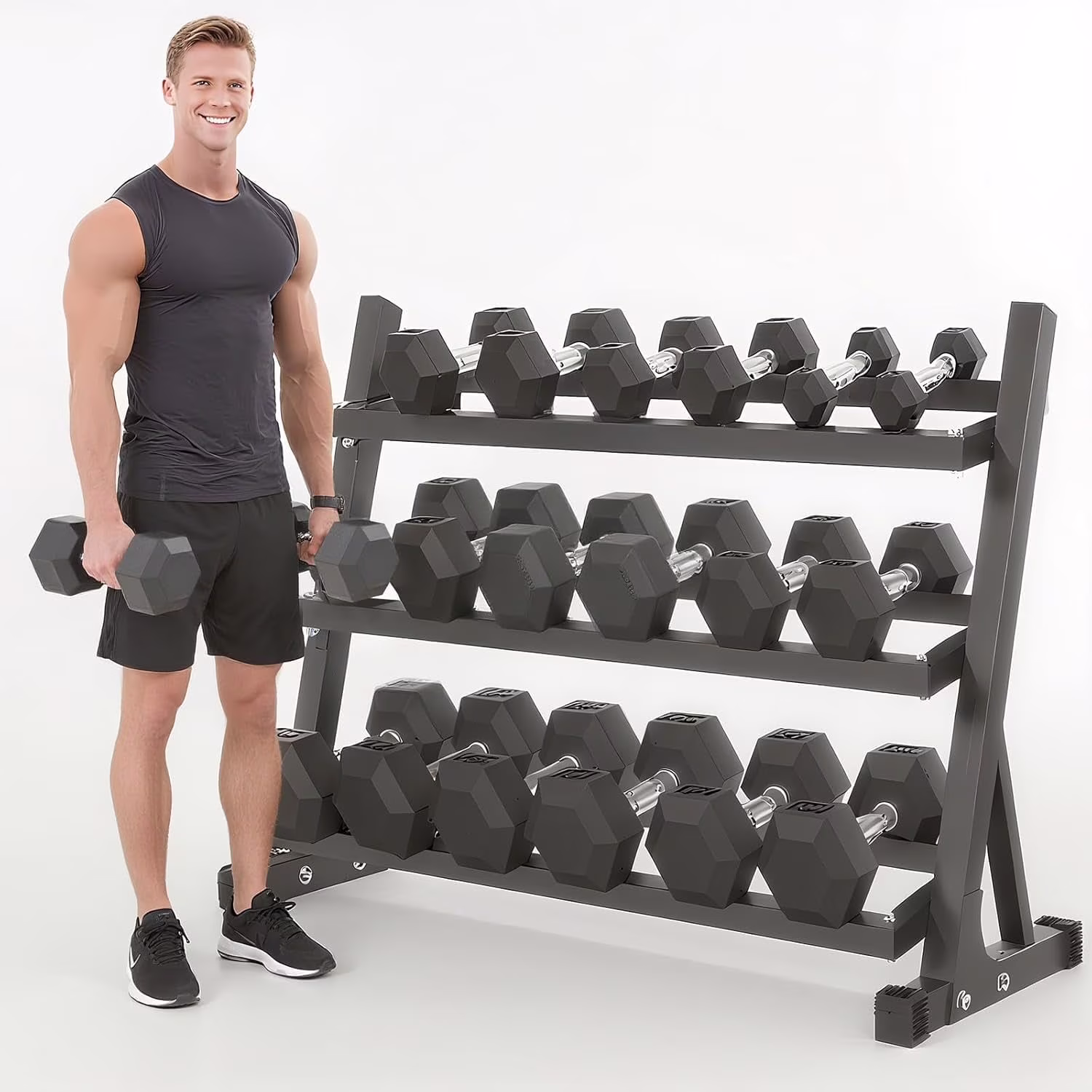 350 lb Hex Dumbbell Set with Rack, 5 - 50 lb Pairs - Rubber Coated Iron Weights for Home Gym, Strength Training & Muscle Building