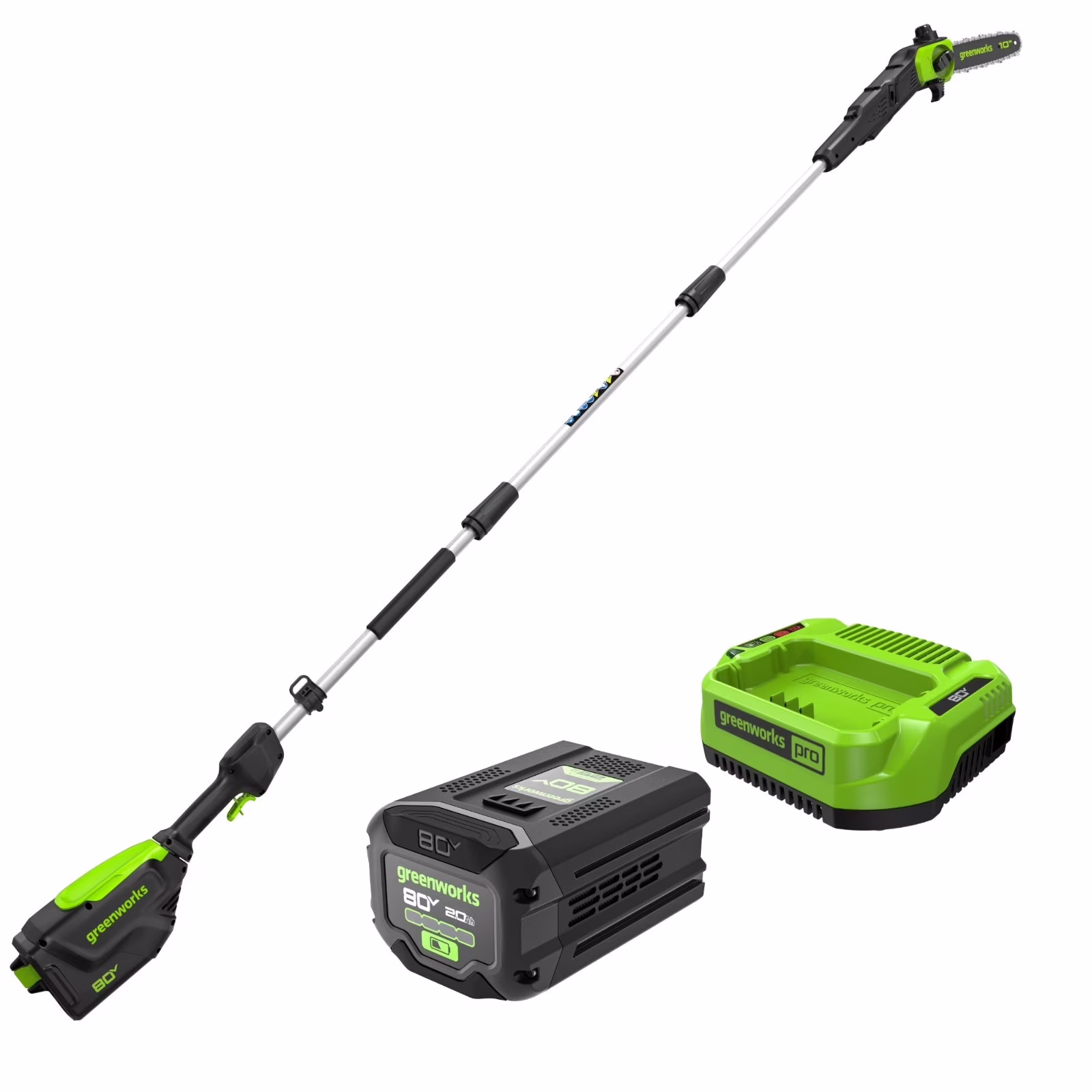 Greenworks 80V 10 in Pole Saw (Max Reach 14ft) W/ 2ah Battery and 2A Charger