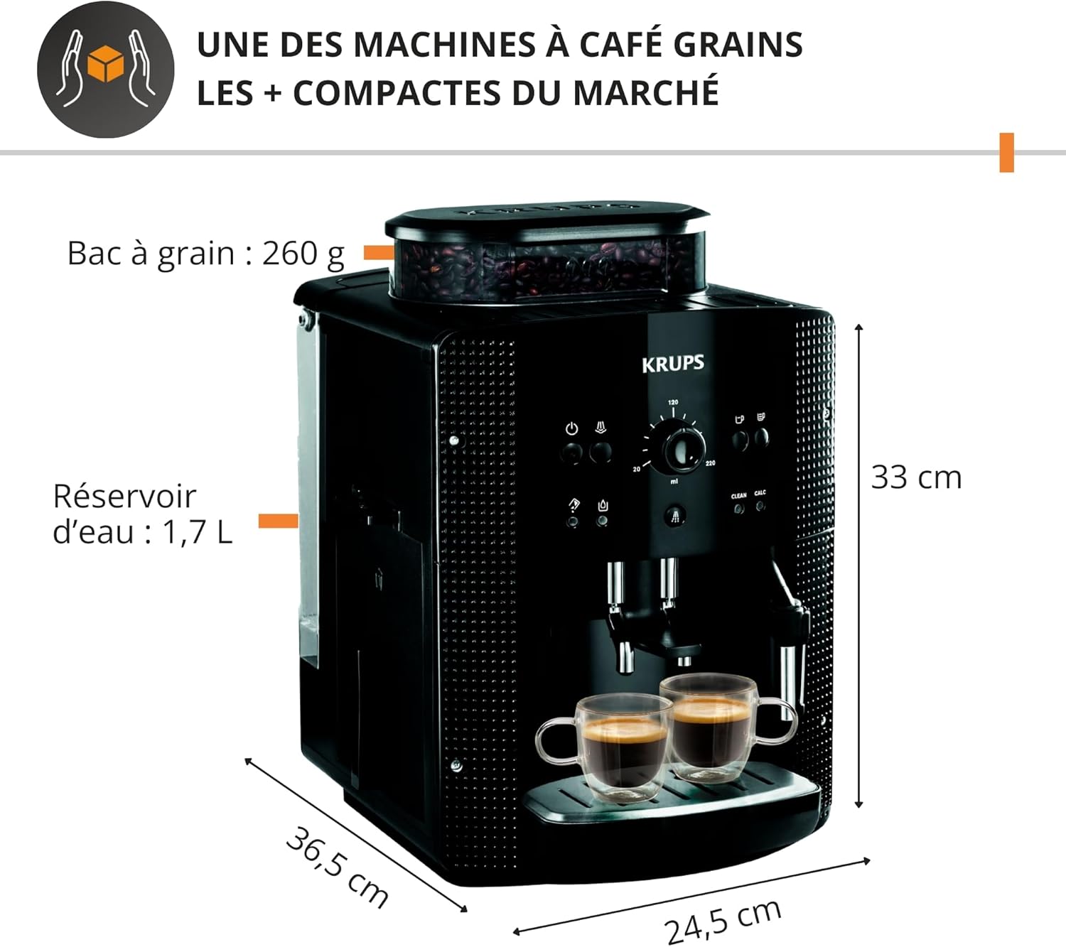 Machine café grains expresso 2 tasses nettoyage auto buse vapeur cappuccino Essential noire YY8125FD