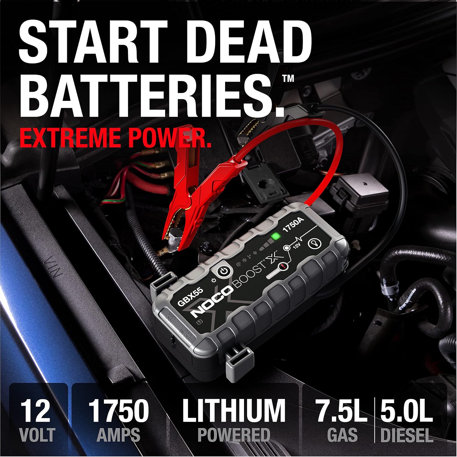 Booster batterie GBX55 1750A démarreur lithium 12V powerbank chargeur USB moteurs essence 75L diesel 50L