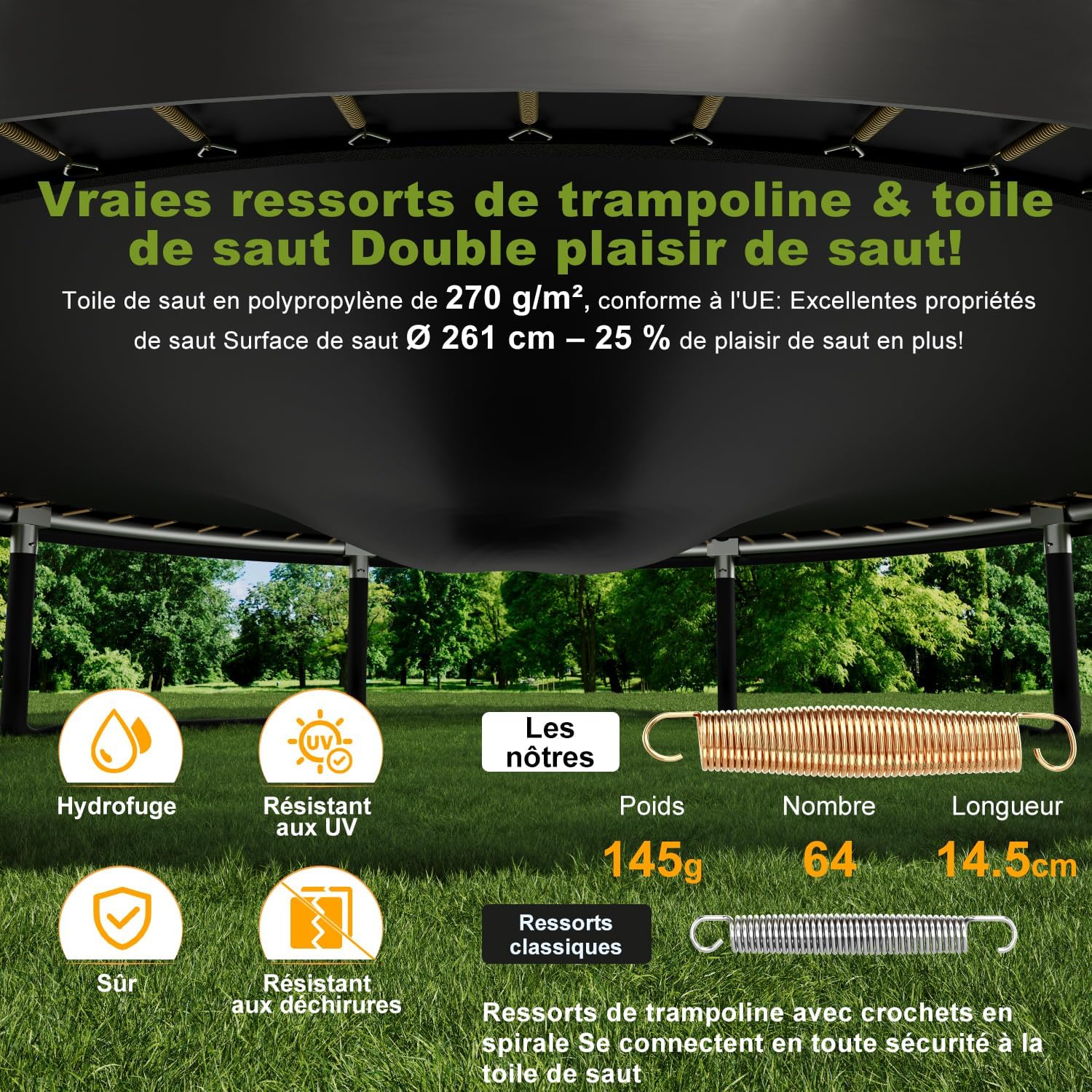 Trampoline extérieur 228 305 366 427 cm filet sécurité charge 150 kg