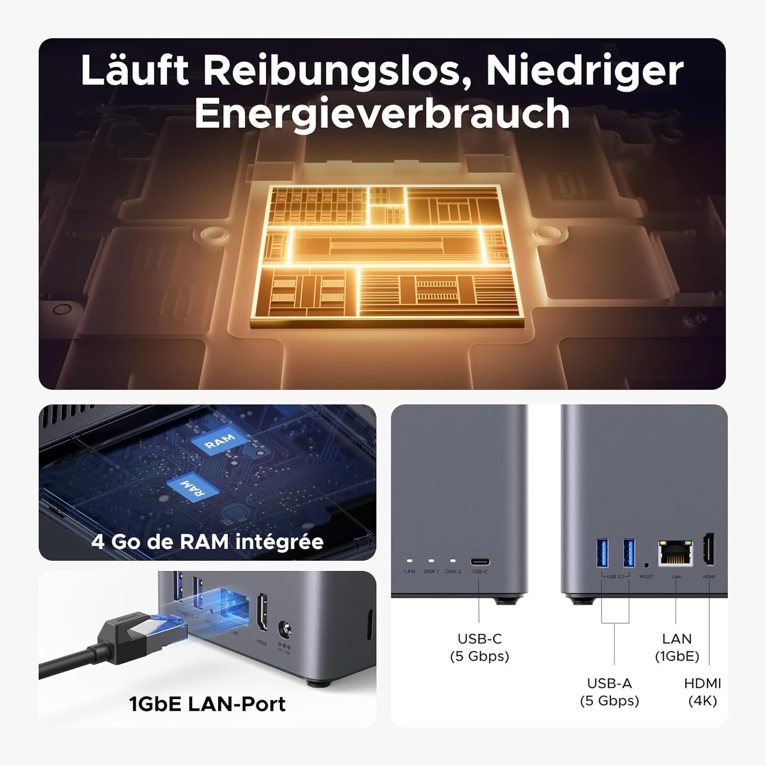 NAS 2 baies 4 Go RAM NFC LAN 1 GbE système débutant sans disque