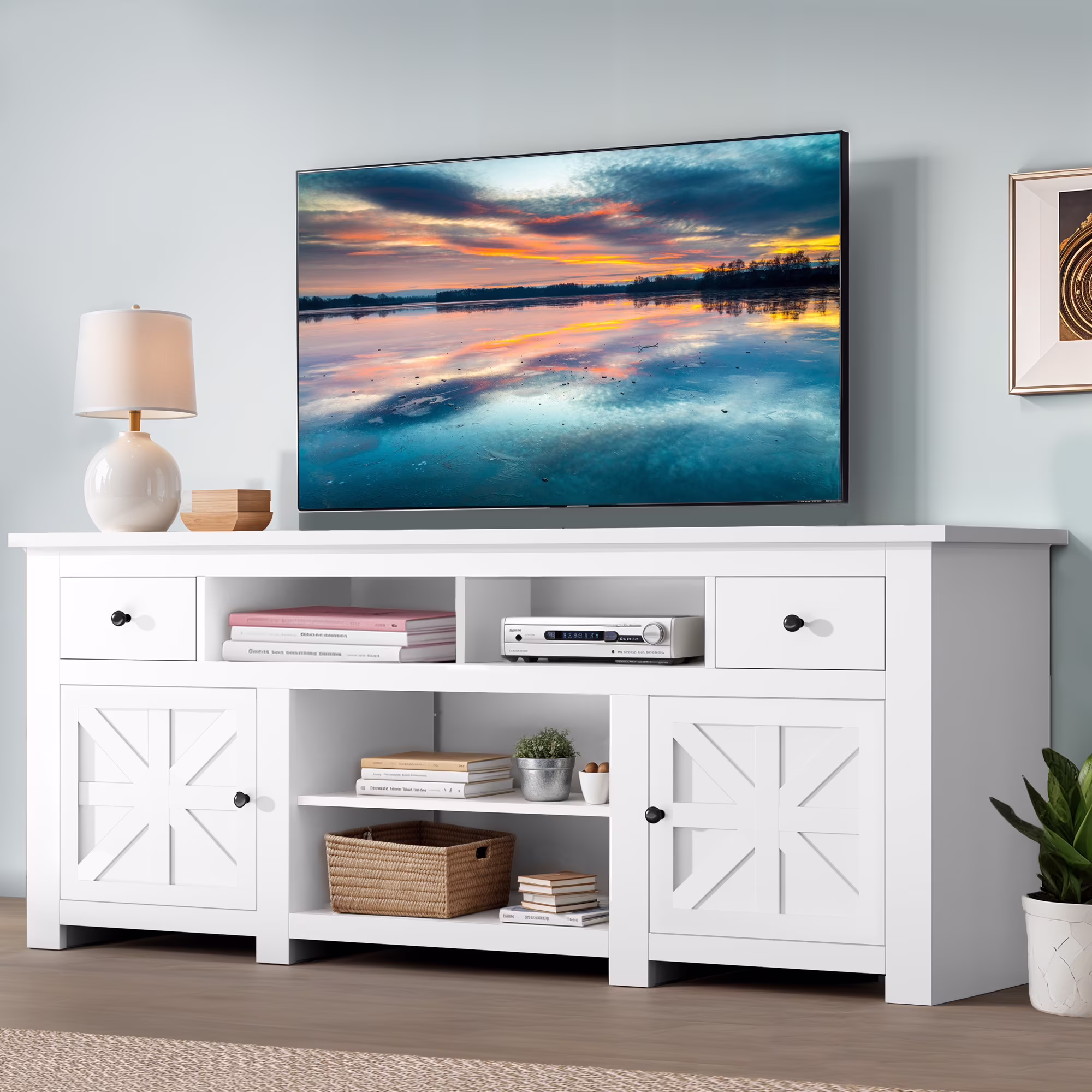 Dextrus Country - Style Media Console, TV Cabinet with Built - in Power Socket for Screens up to 80'', Television Stand with Adjustable Divider & Drawer Storage, Vintage TV Unit for Lounge, White