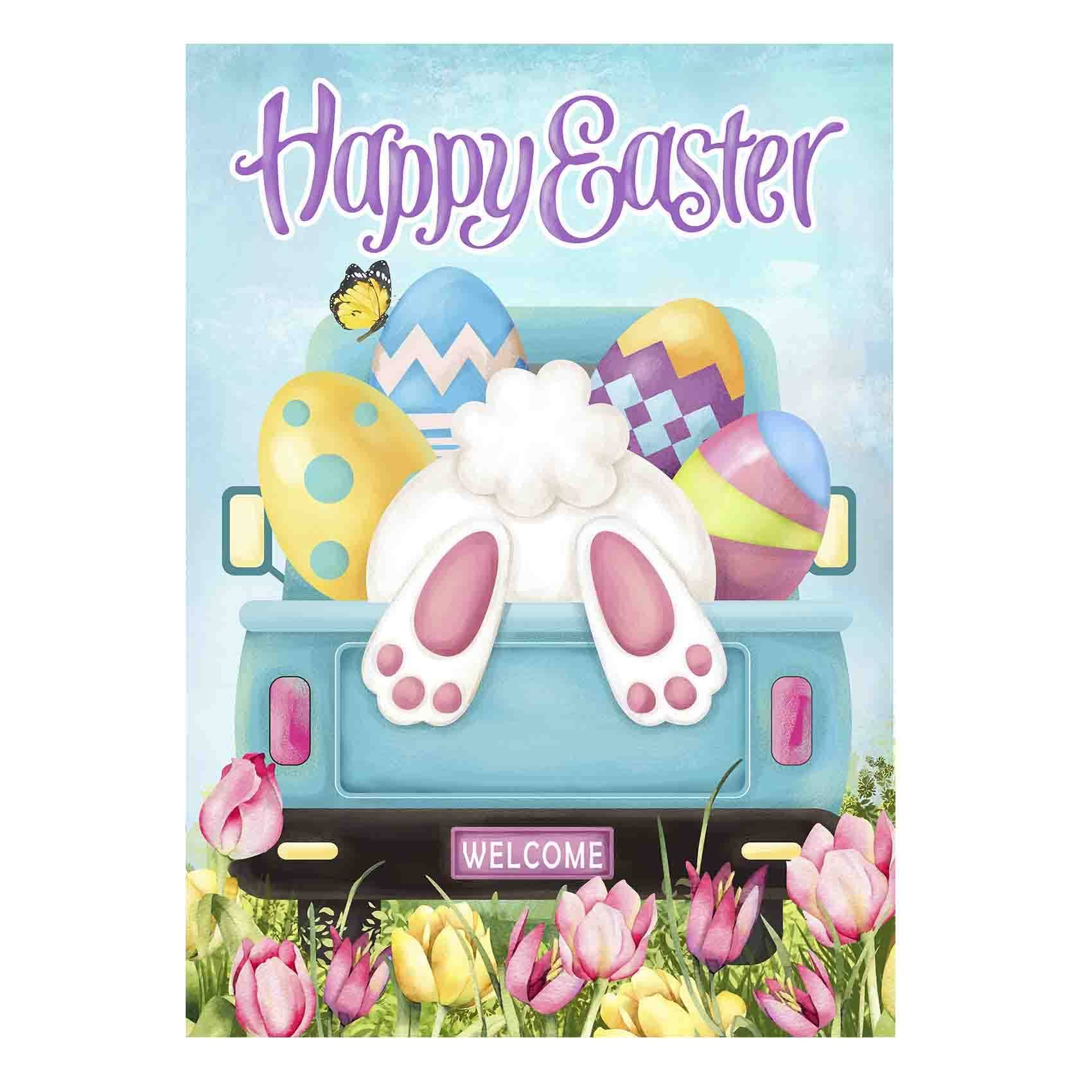 Morigins Happy Easter Bunny Tail Eggs with Blue Truck Yard Flag Spring Tulip Flowers Outdoor Garden Flag 12.5x18 inch